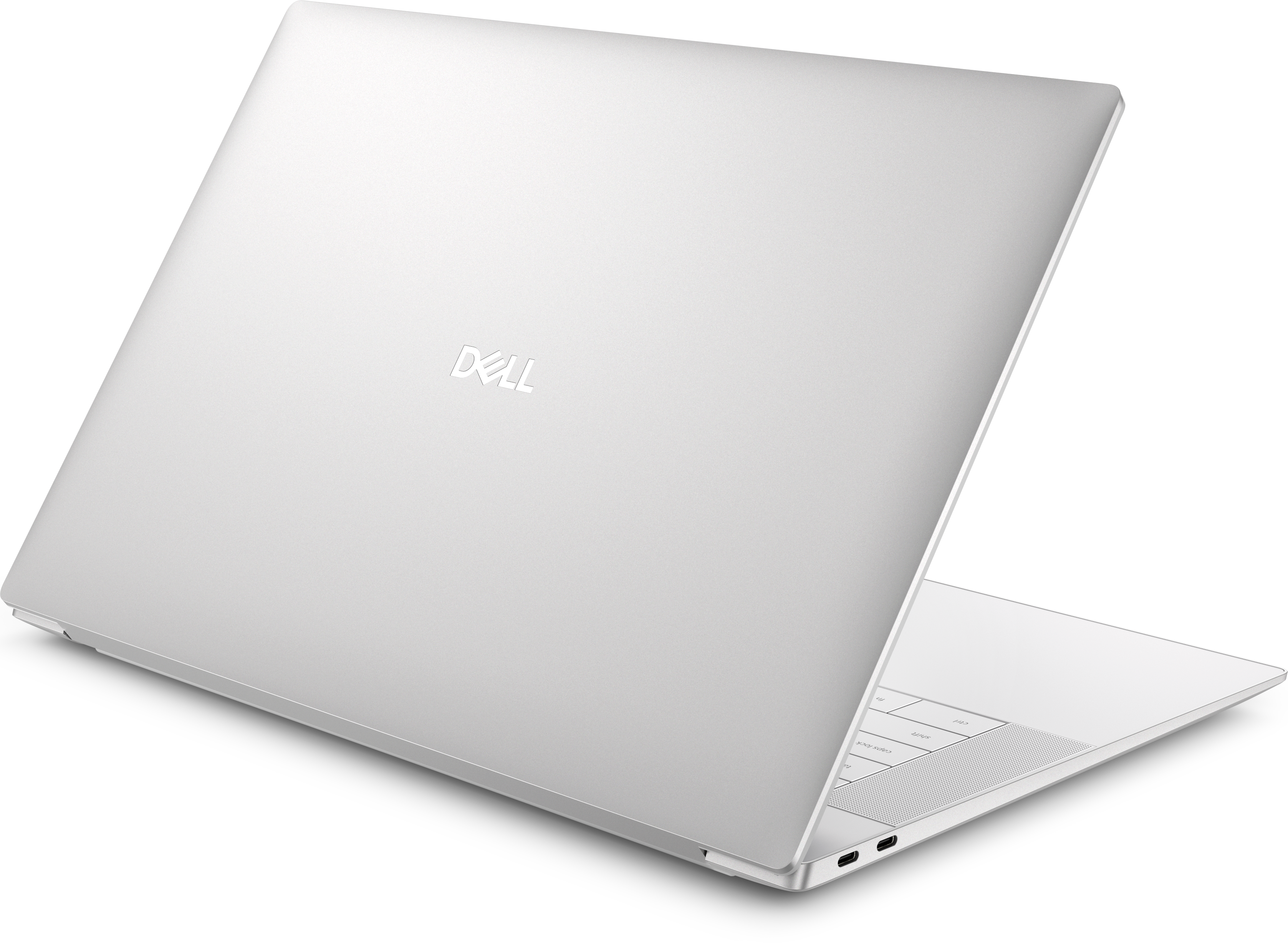 Ein silberner Dell-Laptop ist leicht geöffnet und zeigt die Tastatur und das Dell-Logo auf dem Deckel, isoliert auf Schwarz.
