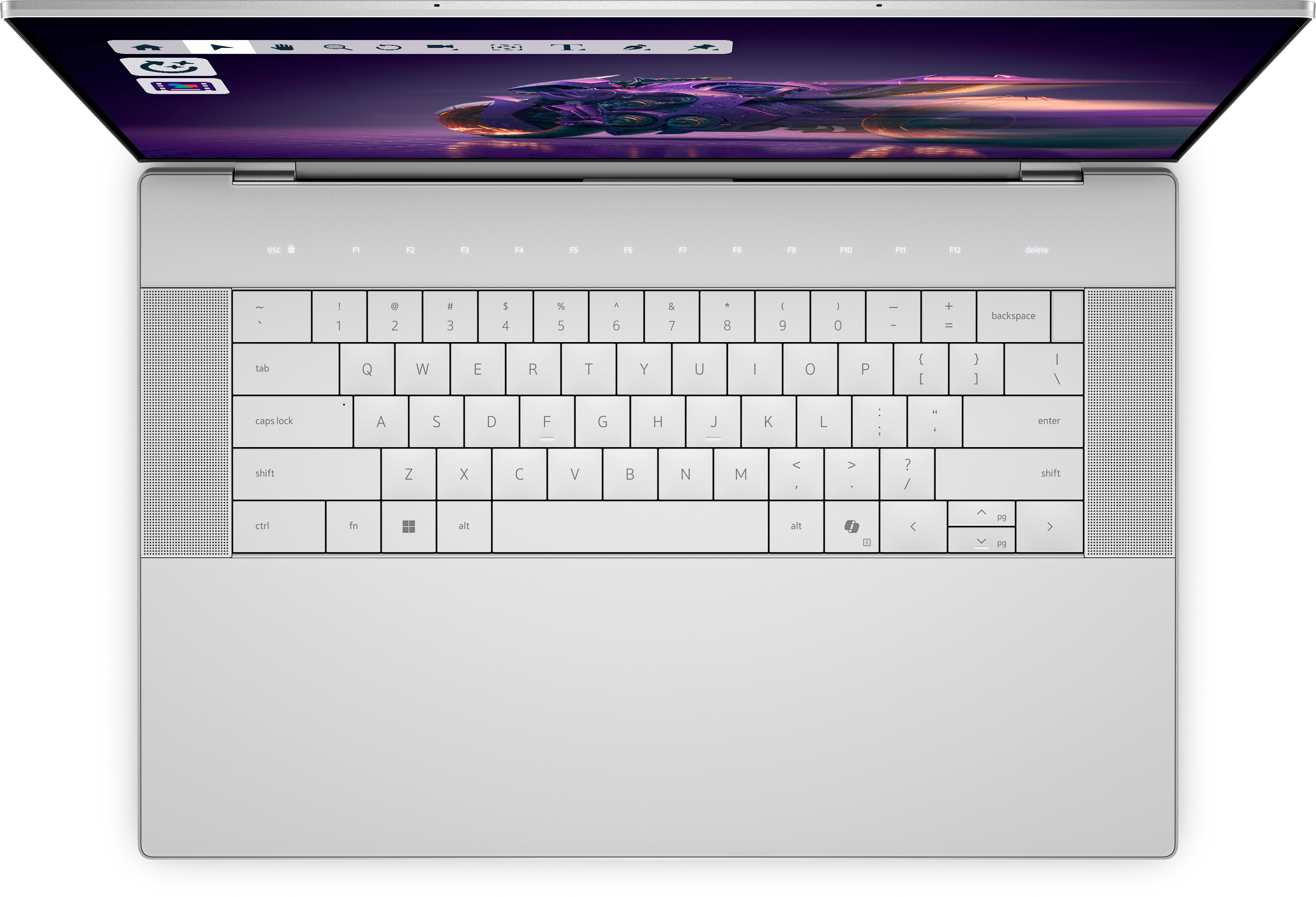 Laptop-Tastatur mit Tasten und Bildschirm, der ein lila Bild zeigt. Der Laptop ist offen und silber.