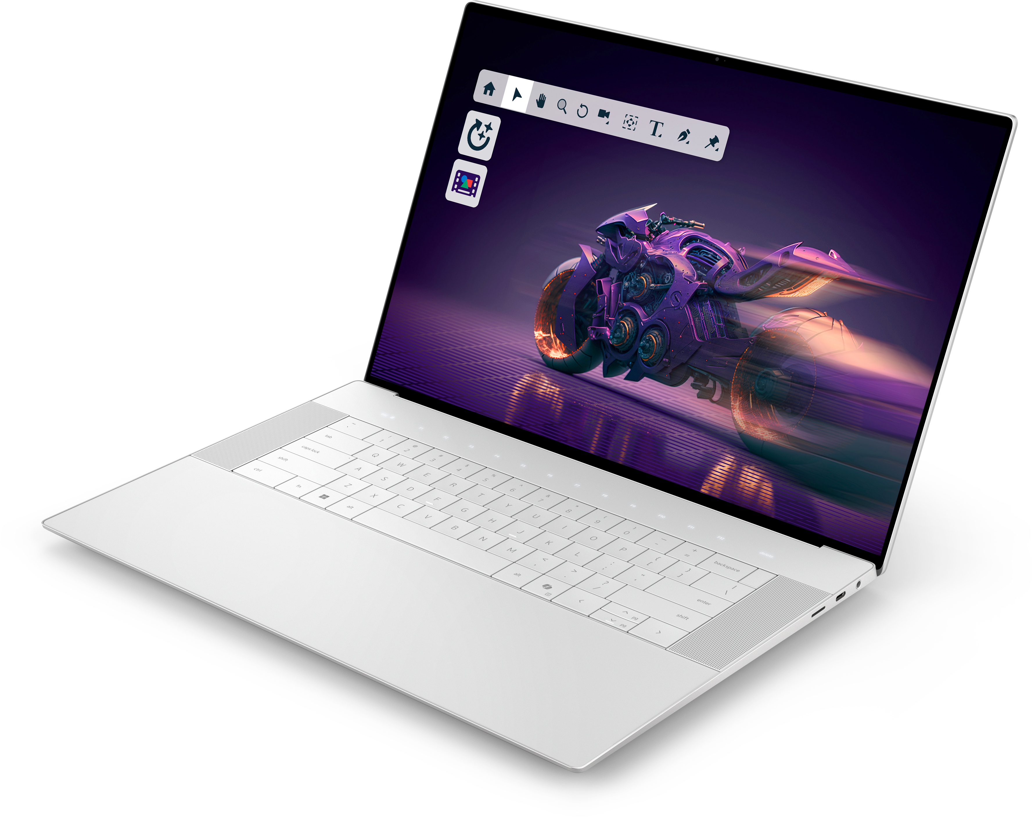 Ein weißer Laptop mit einem Bildschirm, der ein lila futuristisches Motorrad auf dunklem Hintergrund zeigt.