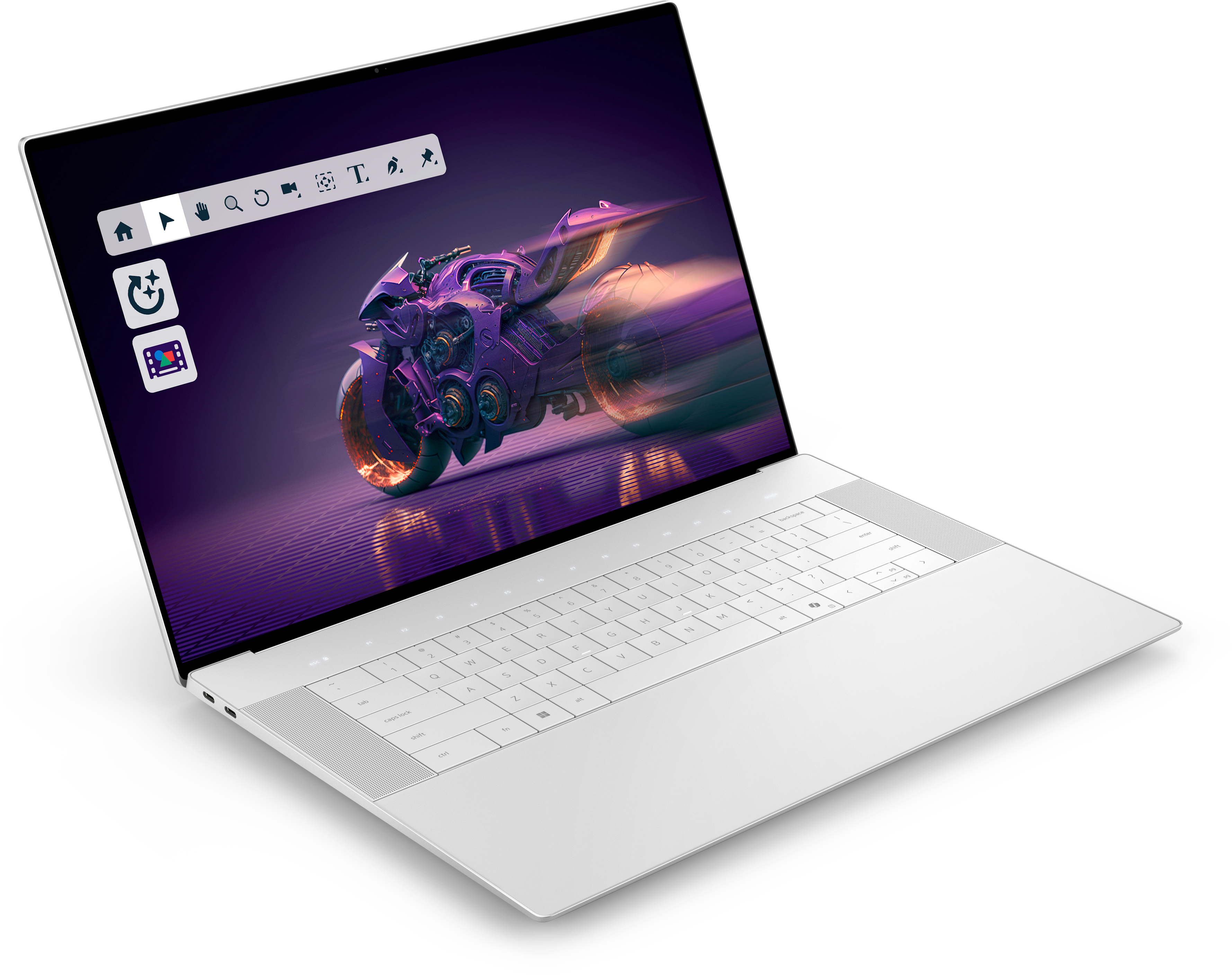 Ein Laptop zeigt ein lila futuristisches Motorrad. Der Laptop ist weiß, auf schwarzem Grund. Tastatur sichtbar.