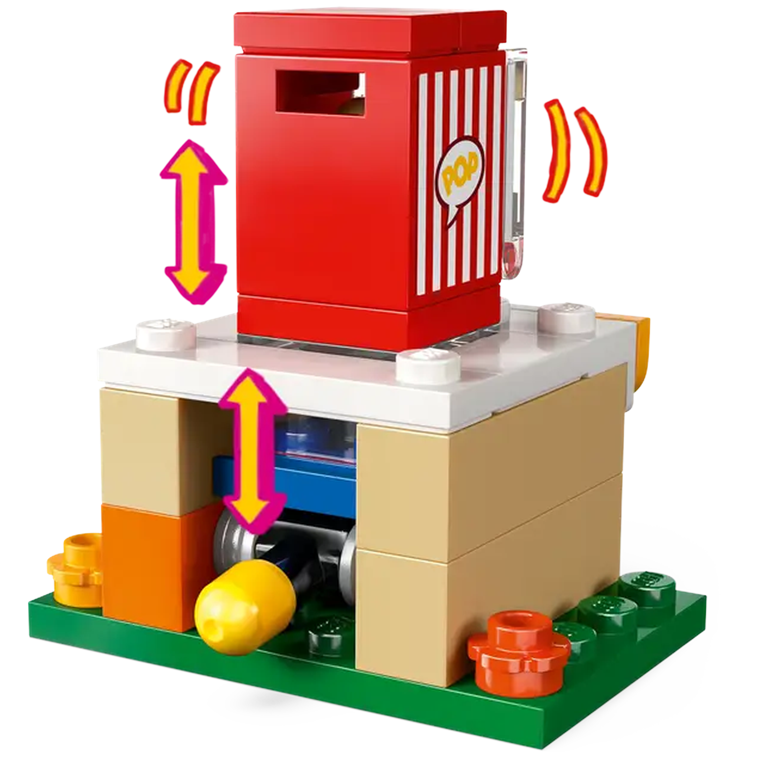 A Lego popcorn maker. Red machine with pop sign, yellow arrows up and down, yellow popcorn, and sound waves.