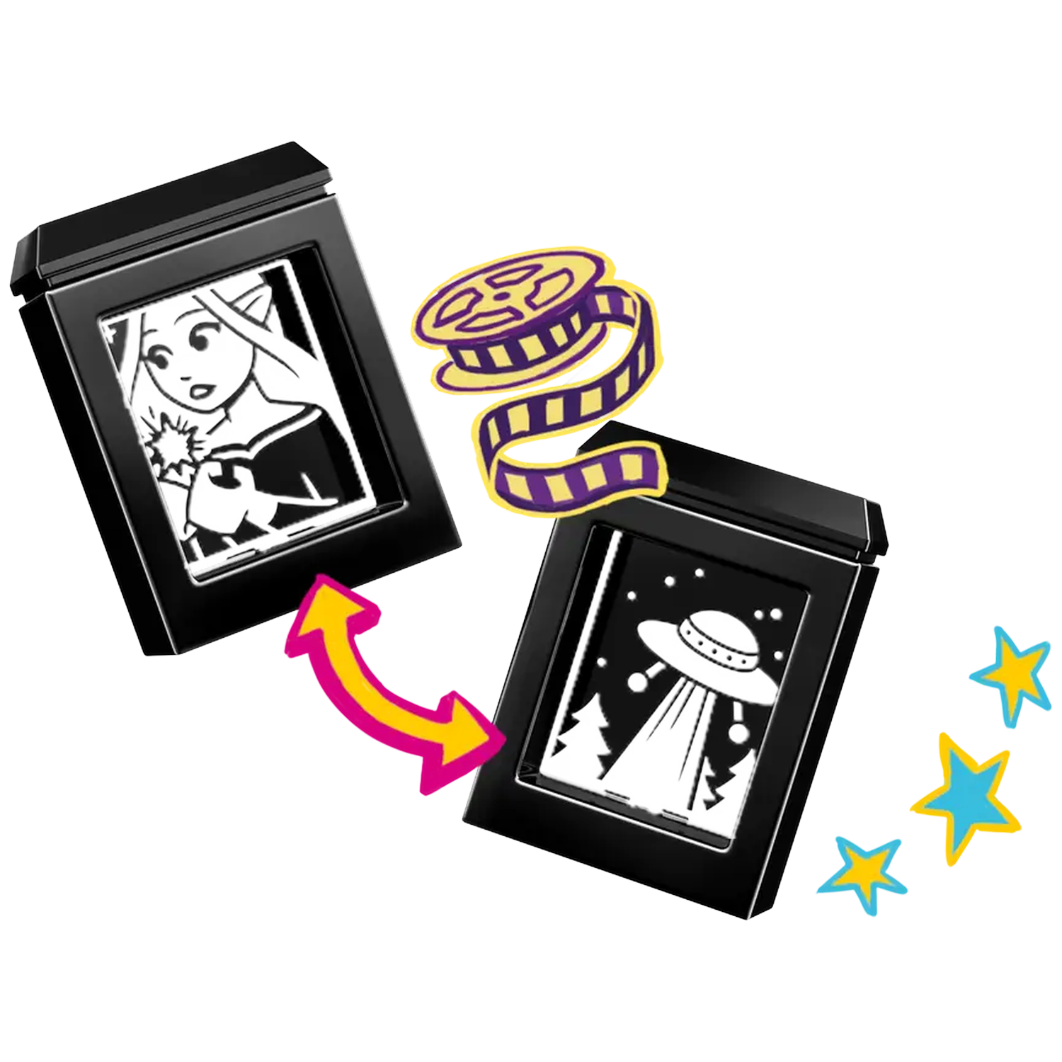 Two black frames with images, one of a character, the other of a UFO. A film reel and stars are also present.