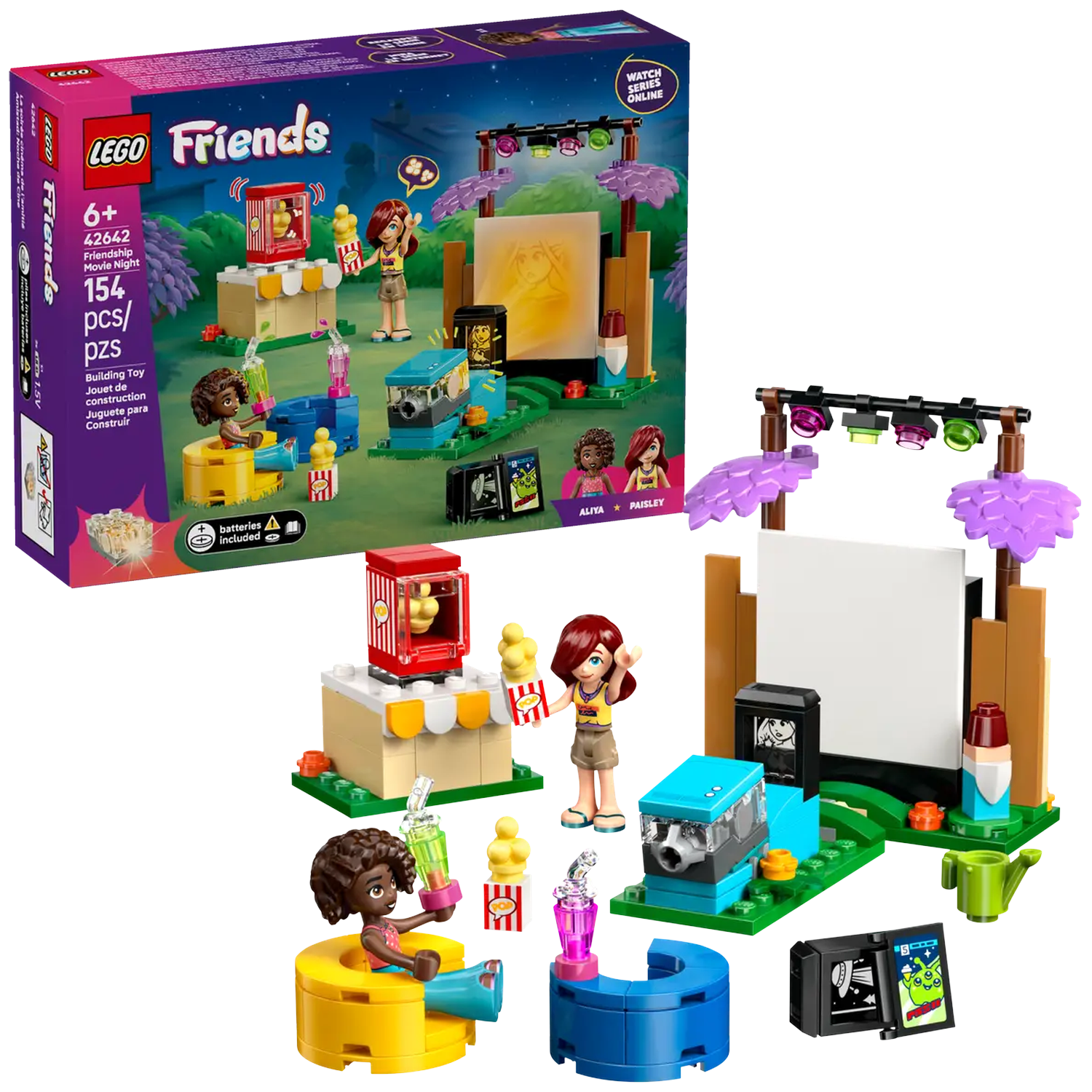 Lego set: Friendship Movie Night. Includes figures, popcorn stand, projector, screen, and mini-figures. Colors are bright and playful.