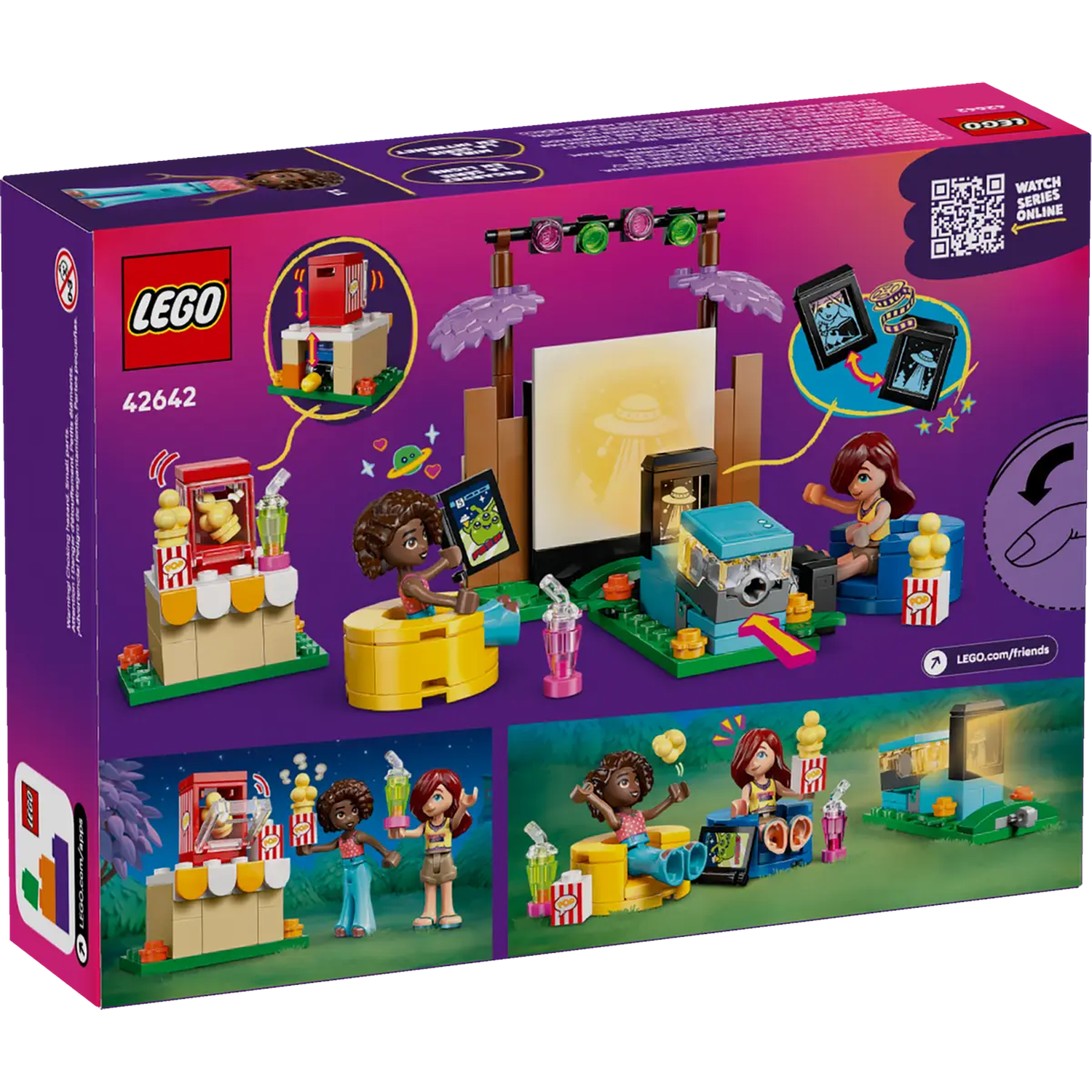 Lego box set with Lego figures, popcorn stands, a movie screen, and a stage with lights. Purple and pink background.