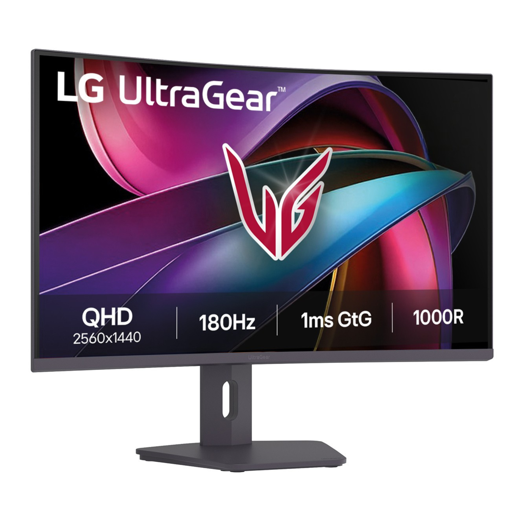 Monitor curvo LG UltraGear. Tiene marco y soporte negros. La pantalla muestra un diseño abstracto y colorido.