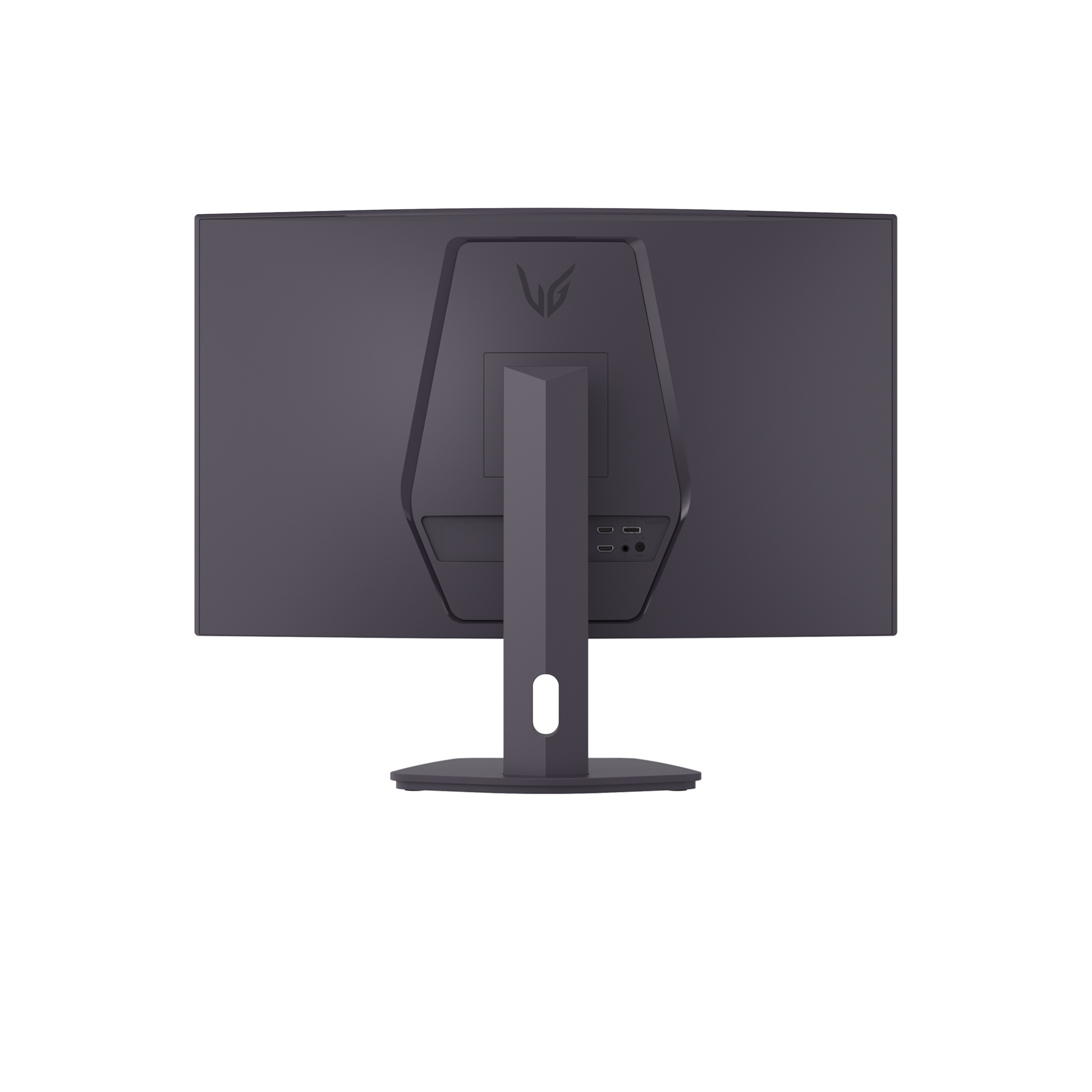 La parte trasera de un monitor de computadora gris sobre un fondo blanco. Tiene un soporte, puertos y el logo de LG.