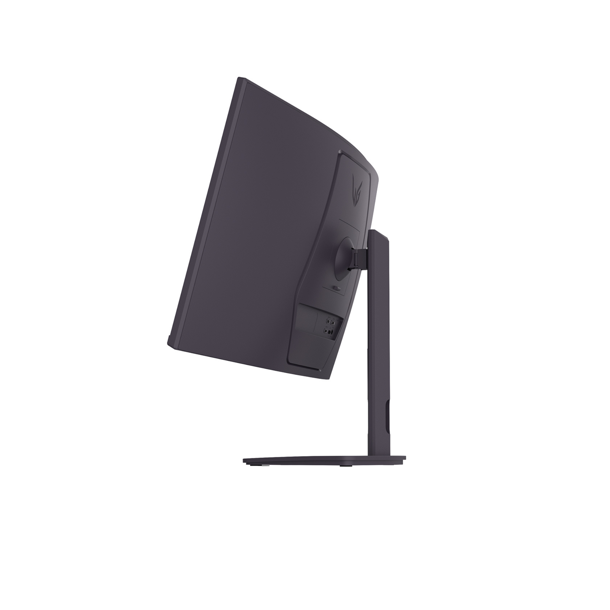 Un monitor oscuro, ligeramente inclinado, sobre un fondo blanco. Se ven el soporte y la parte trasera del monitor.