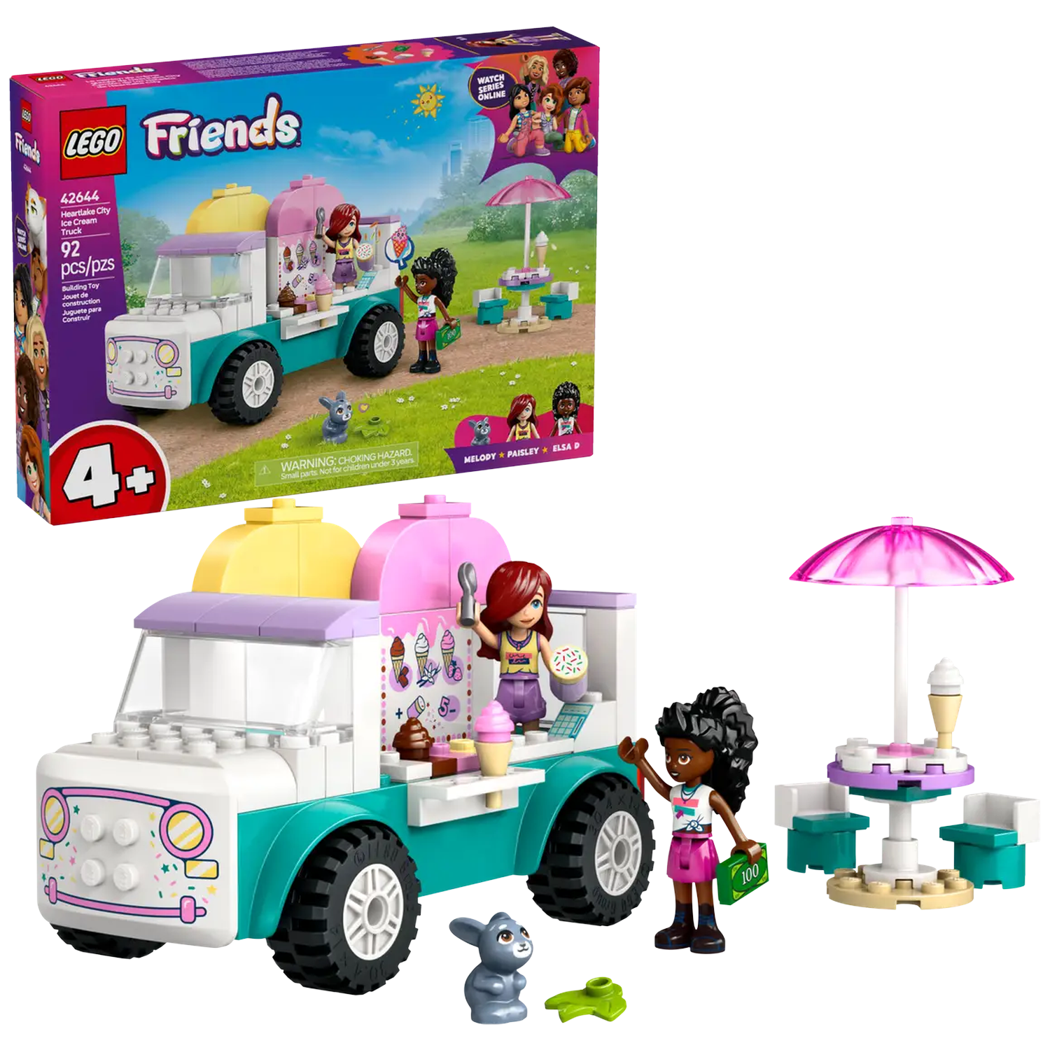 Lego Friends set met een ijscowagen, figuren en accessoires. Inclusief een tafel met parasol en twee minifiguren.