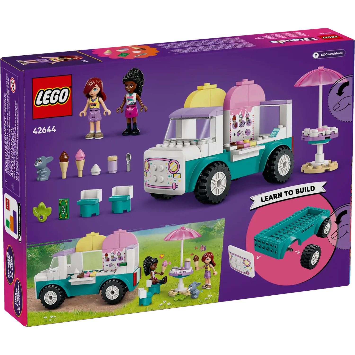 Lego Friends ijsjeswagen doos. Inclusief figuren, ijs, accessoires en een truck met roze en teal design.
