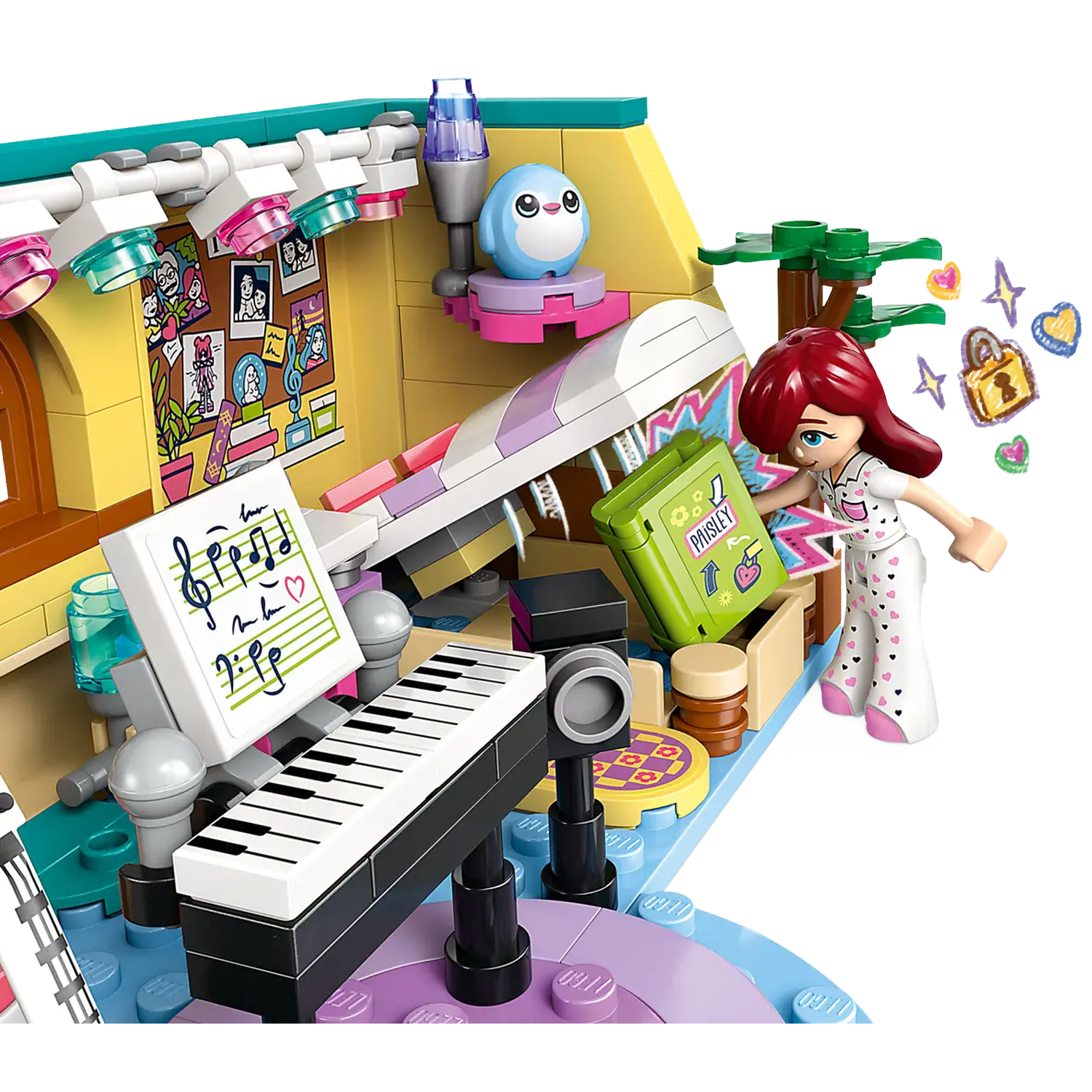 A Lego set with a girl figure, a piano, and a stage. There's a bird, music notes, and a green case. Colorful and detailed.