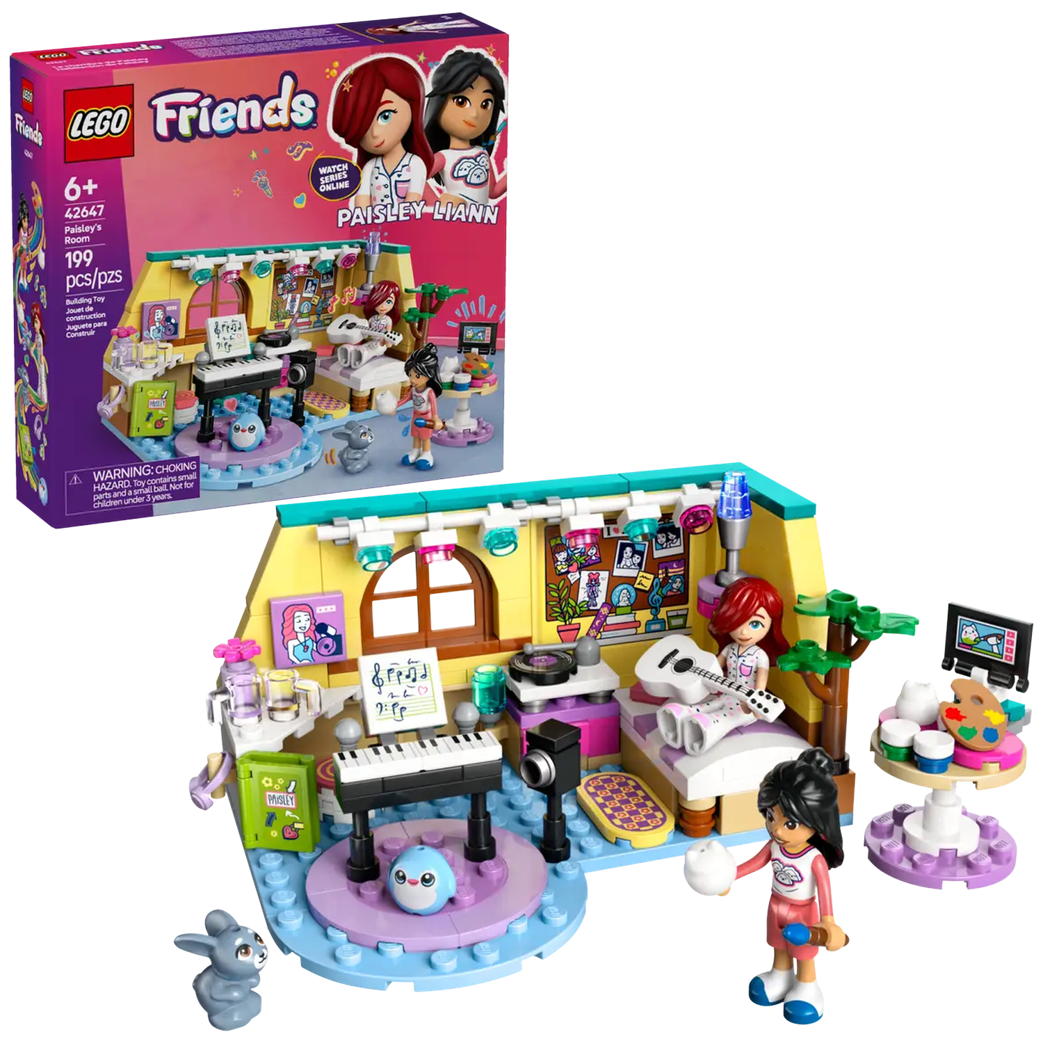 Lego Friends set. A room scene with mini-figures playing instruments. A box shows the set's name, Paisley's Room, and two girls.