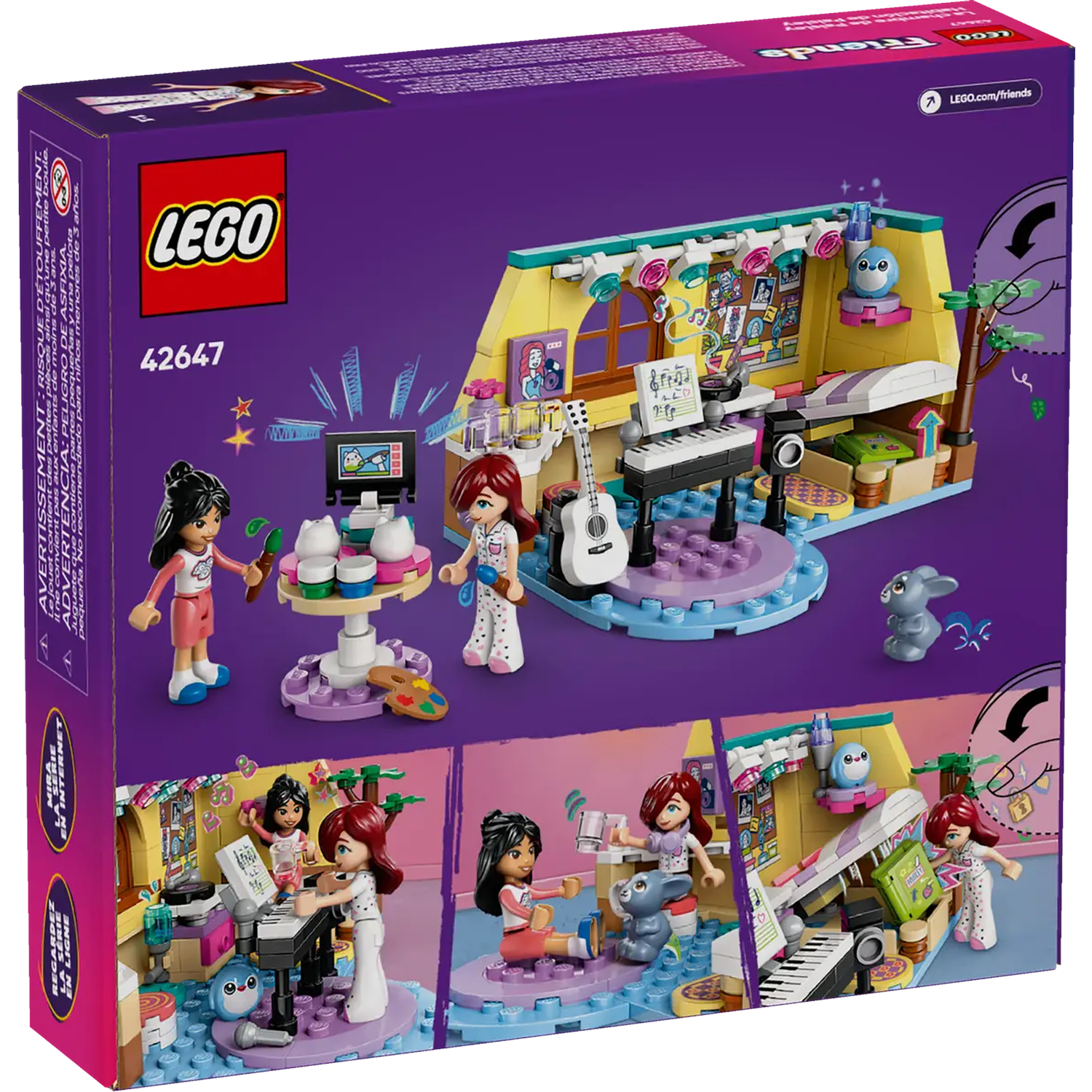 Lego Friends set box. It shows a music studio scene with minifigures playing instruments and a small animal.