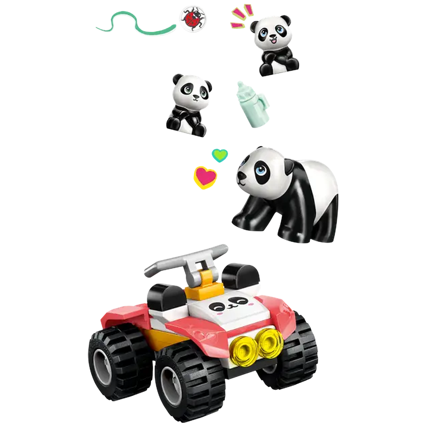 De afbeelding toont speelgoedpanda's, een auto, een fles en harten. De panda's zijn zwart en wit. De auto is rood, wit, geel en zwart.