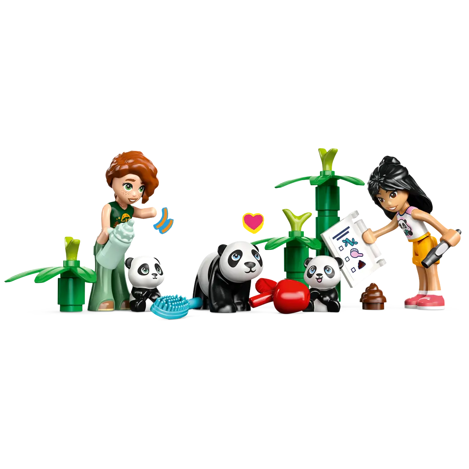 Lego-scène met twee meisjes, panda's, bamboe en een hart. Een meisje voedt een panda. De ander tekent. Kleine rode strik.