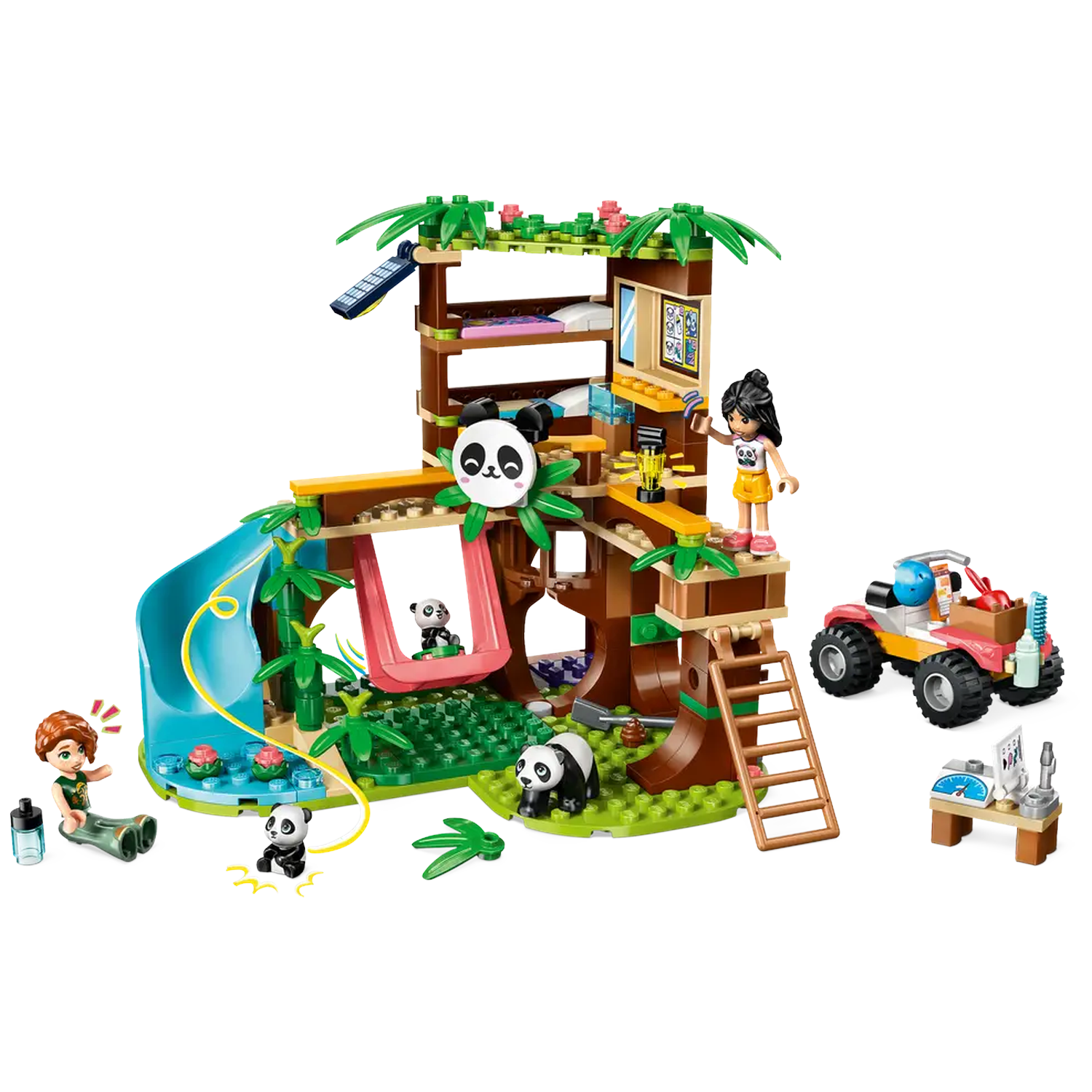 Een Lego set toont een panda heiligdom met een boomhut, glijbaan, schommel, auto en figuren. Panda's en een meisje zijn aanwezig.