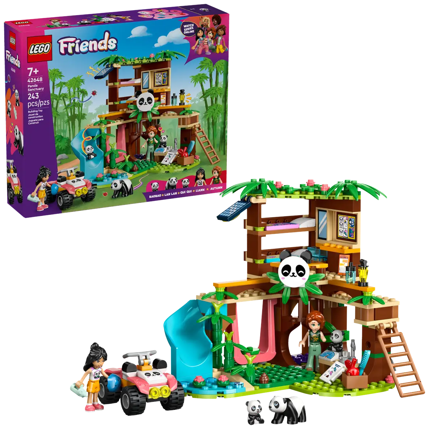 LEGO Friends Panda Sanctuary set. Inclusief een boomhut, glijbaan, ATV en panda figuren. Figuren zijn onder andere een meisje en panda's.