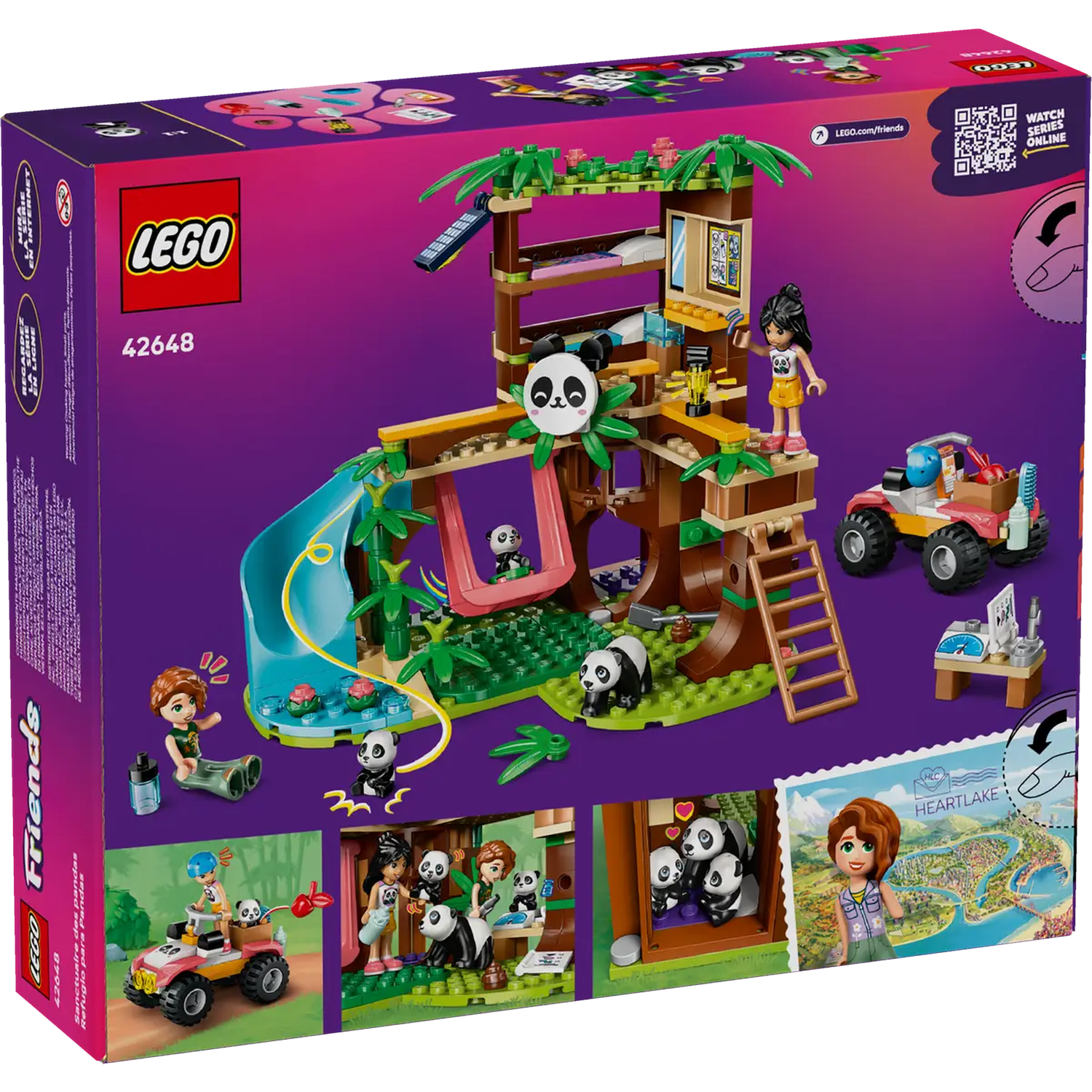 LEGO Friends-boxset. Het toont een pandareservaat met speelfiguren, een boomhut, een glijbaan en een klein voertuig met een panda.