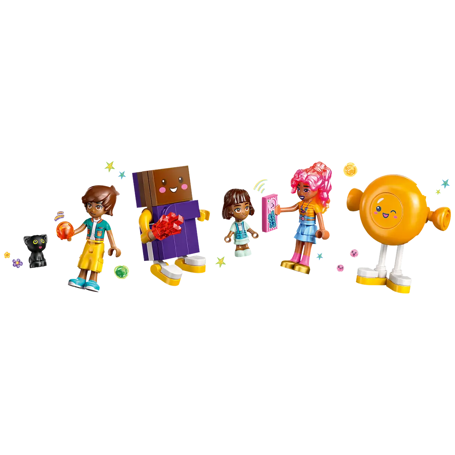 Lego figures of people and a robot are arranged on a white background. They are holding objects and surrounded by stars and flowers.