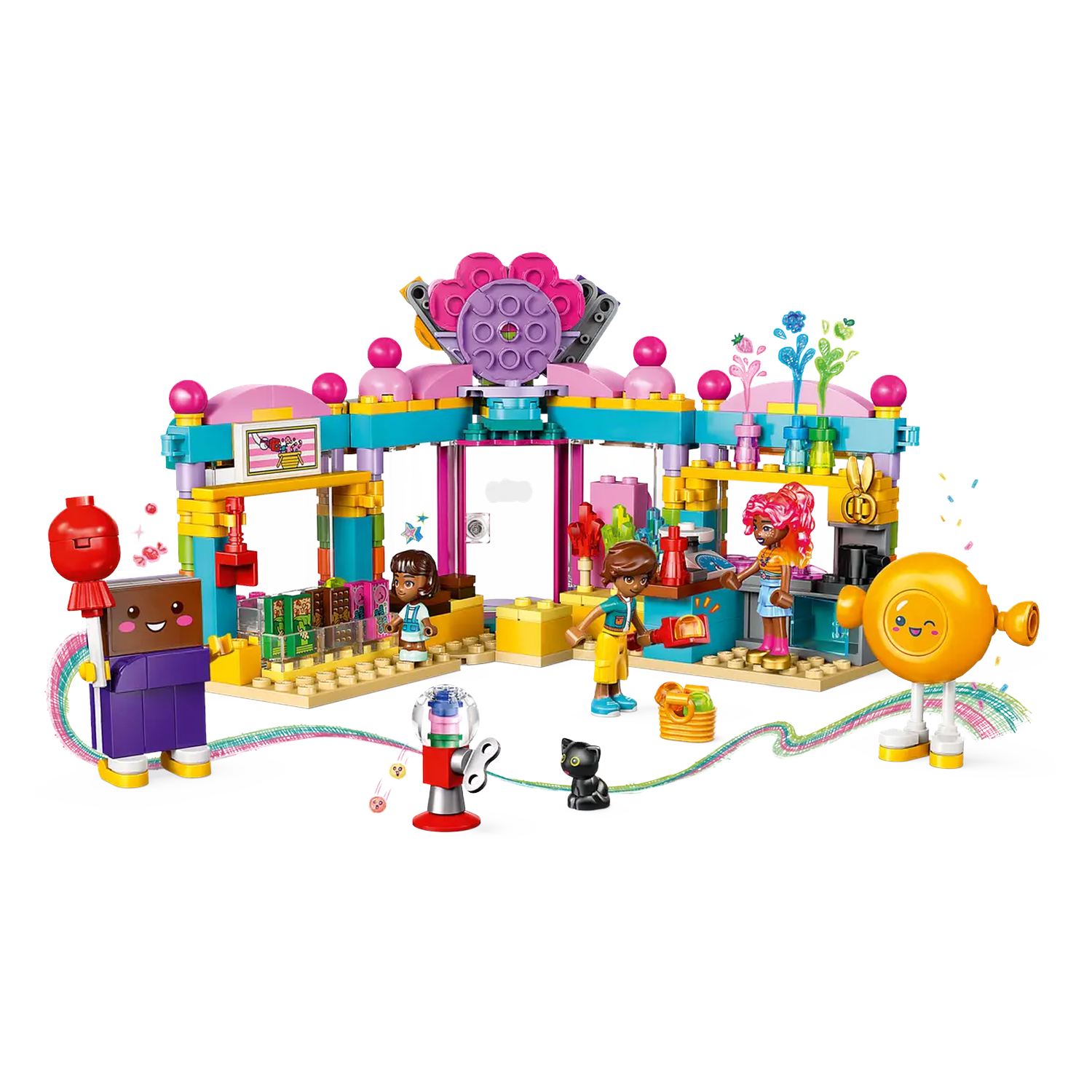 A colorful Lego scene with characters and structures. It includes a shop with figures, a gumball machine, and a smiling, walking yellow circle.