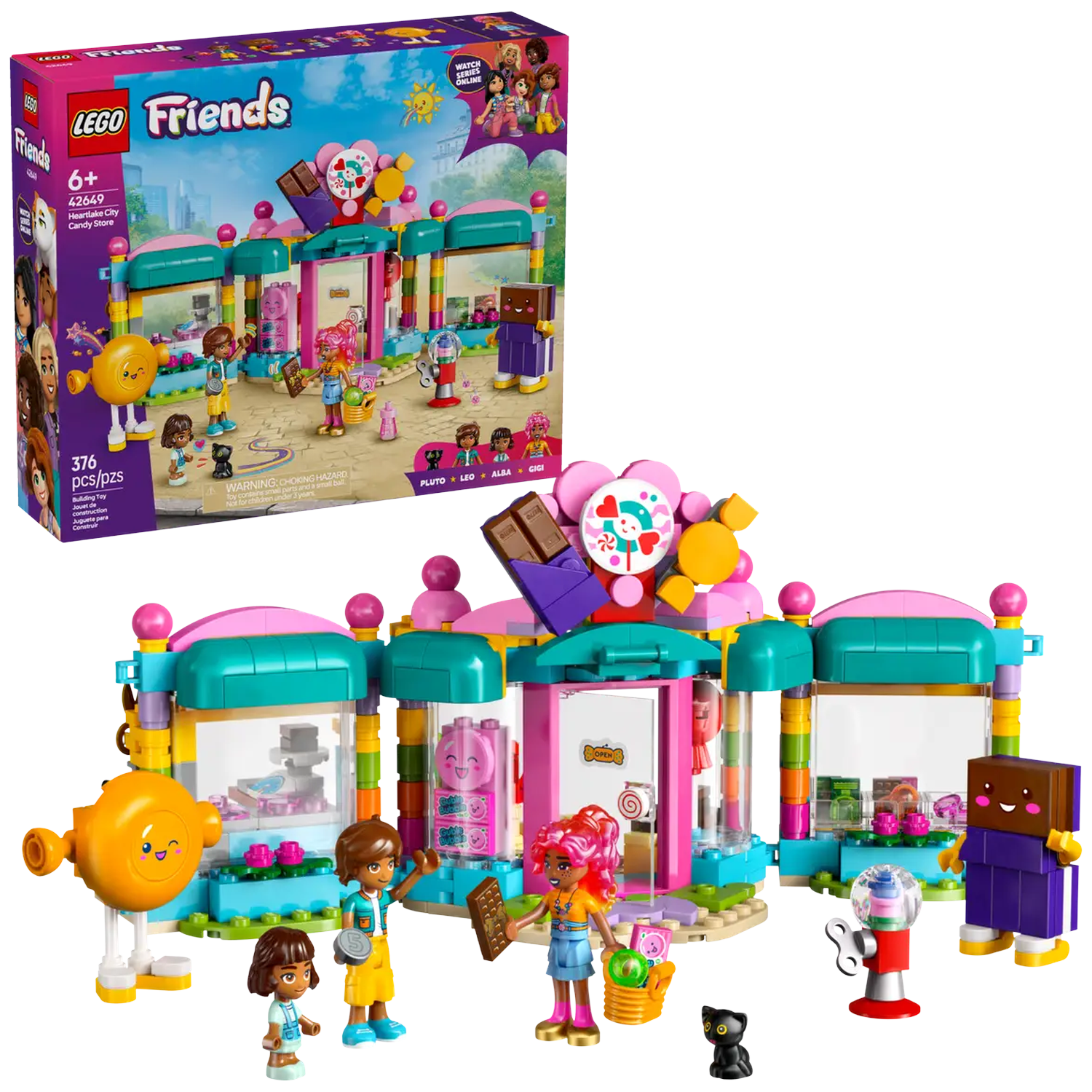 LEGO Friends set. Candy store with figures and accessories. Store has pink, green, and blue colors. Includes a box with the set.