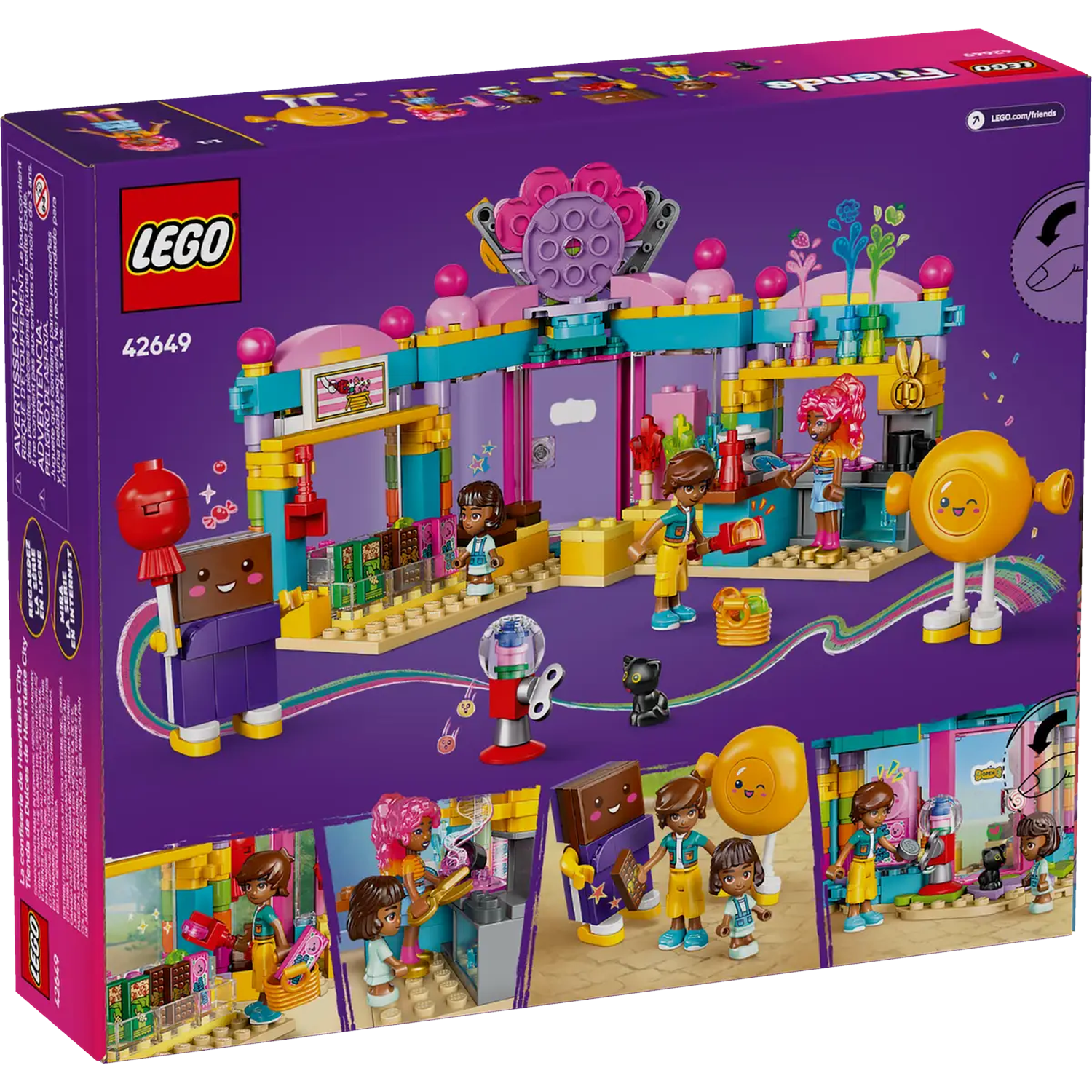 Lego Friends set box. Shows a candy shop with Lego figures, various treats, and a Ferris wheel on a purple background.
