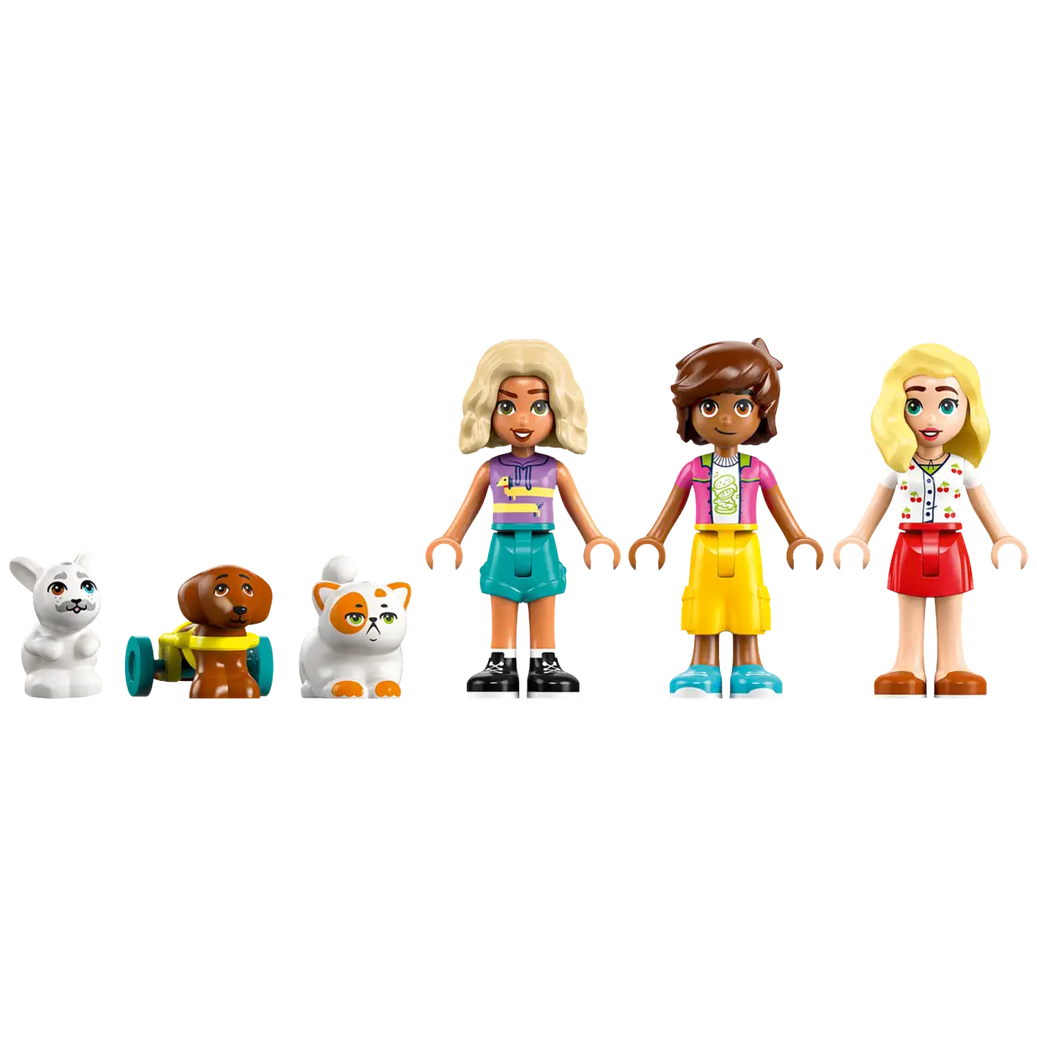Image features Lego Friends minifigures and pets. Three girls are standing with a white rabbit, dog on wheels, and a cat.