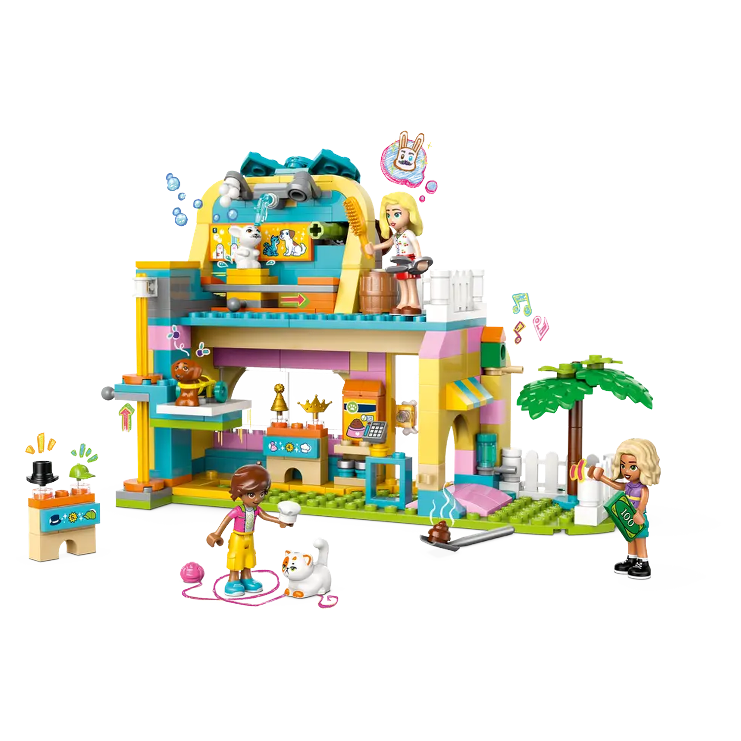 Lego set depicting a pet care center. Includes figures, animals, and accessories like money and a poop scooper.