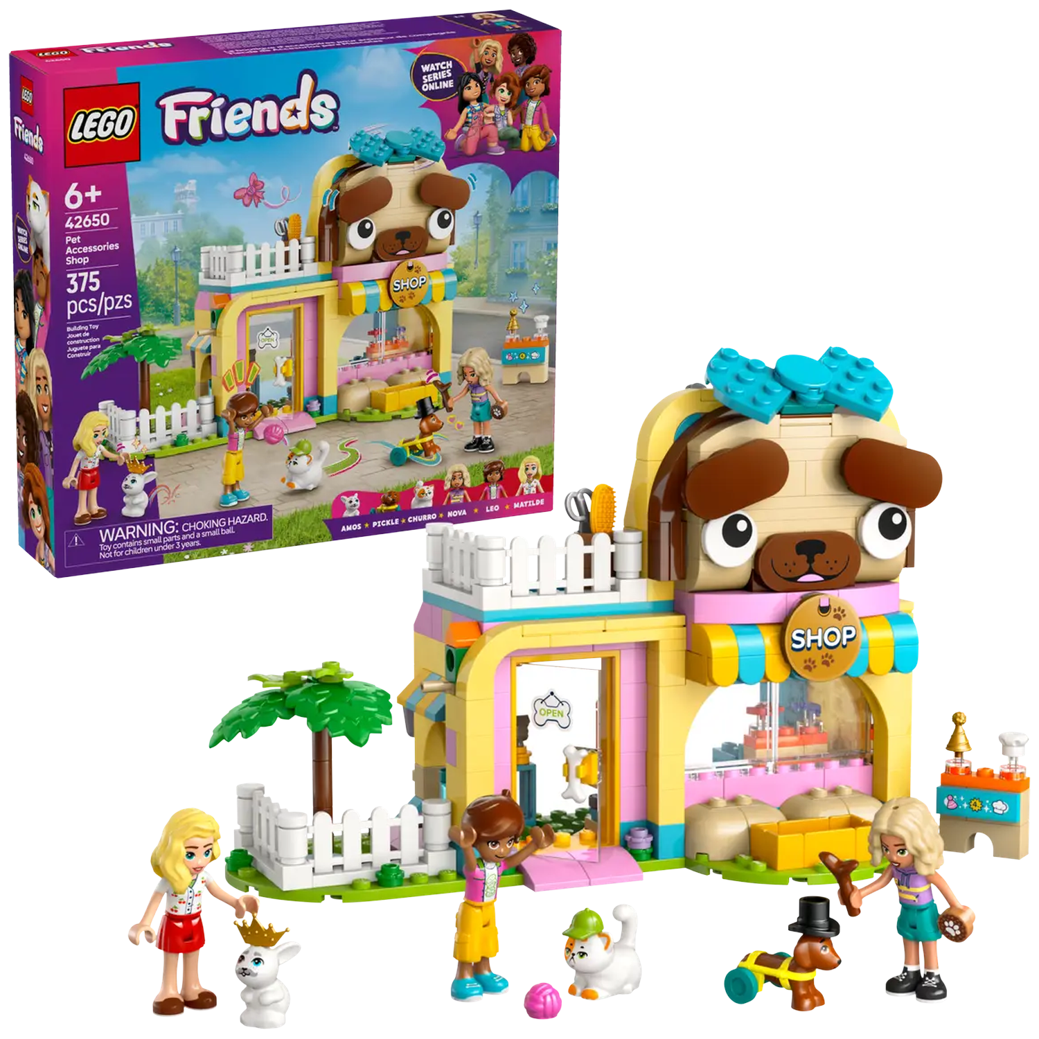 Lego Friends set with a pug-shaped shop, minifigures, and pets. The box is visible in the background, with the shop in the foreground.