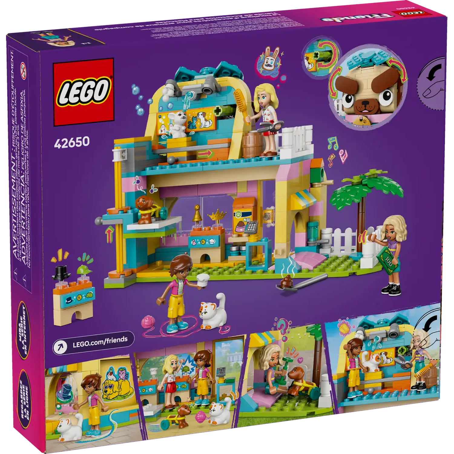 Lego Friends set box. It shows a colorful pet salon with miniature figures of people and pets, surrounded by accessories.