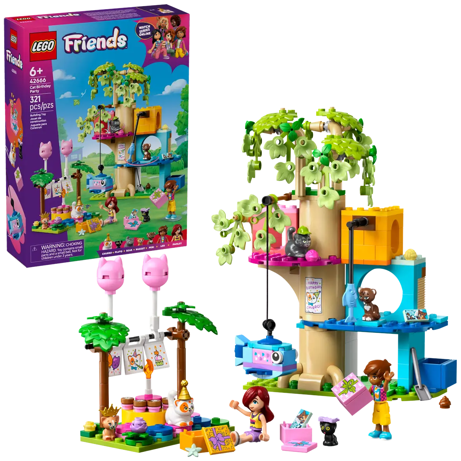 LEGO Friends Cat Birthday Party set. Includes treehouse, figures, and accessories. Box shows a similar scene.
