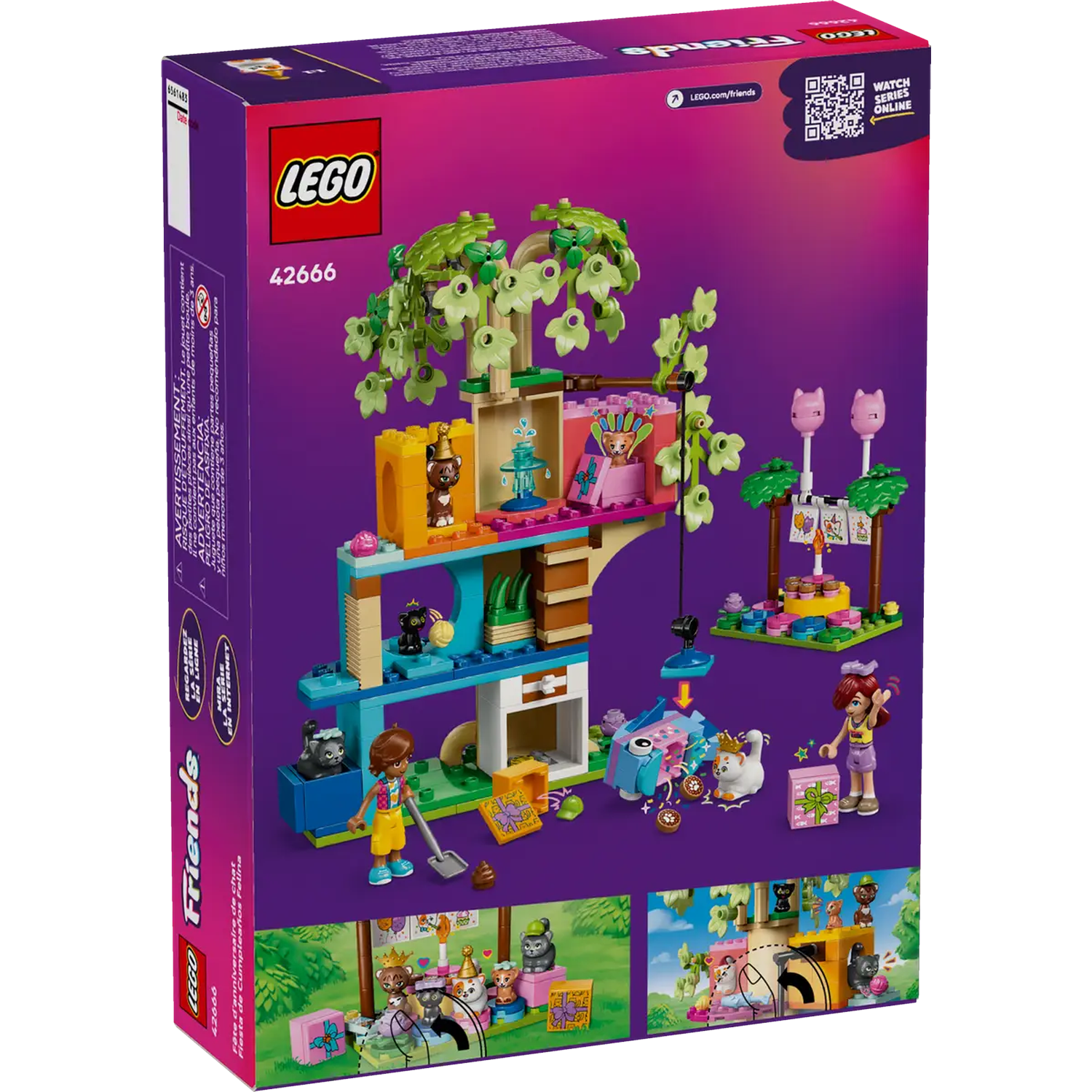 Lego Friends box set. It shows a cat-themed playset with miniature figures, trees, and other accessories.