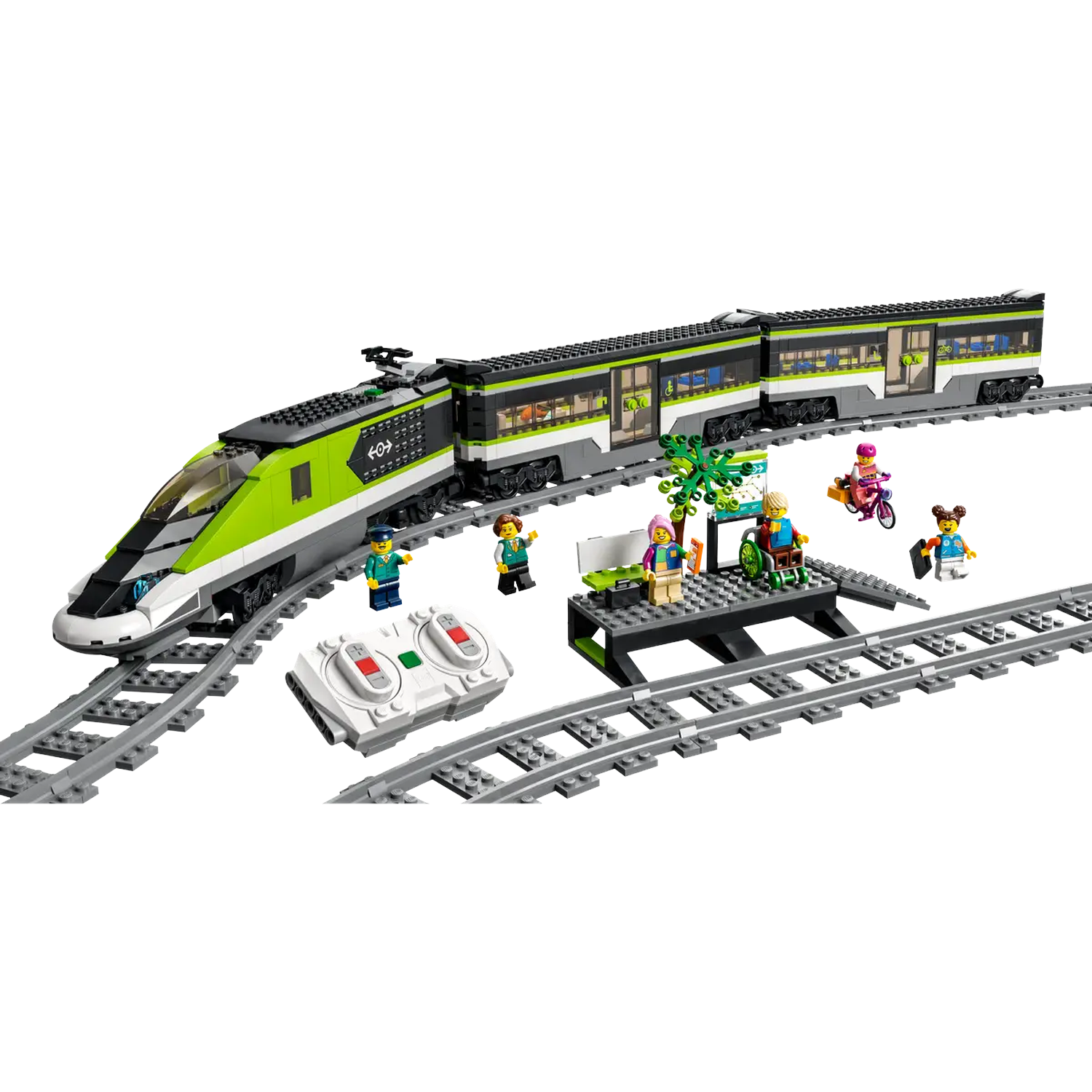 Een Lego-treinset. Bevat een groene en zwarte trein, rails, figuren, een platform en een afstandsbediening.