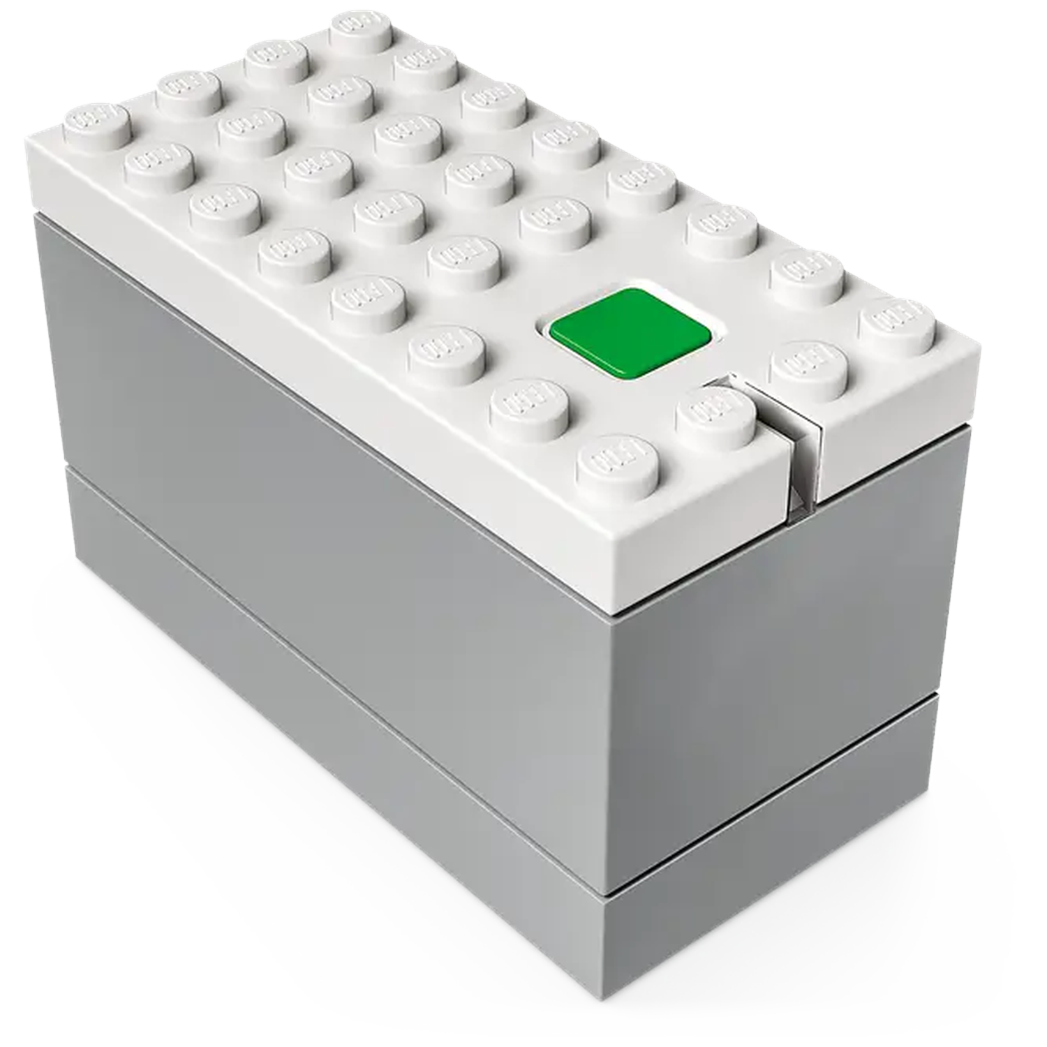 Een grijze Lego-blok met een witte bovenkant, witte noppen en een groene vierkant. Het blok staat op een witte ondergrond.