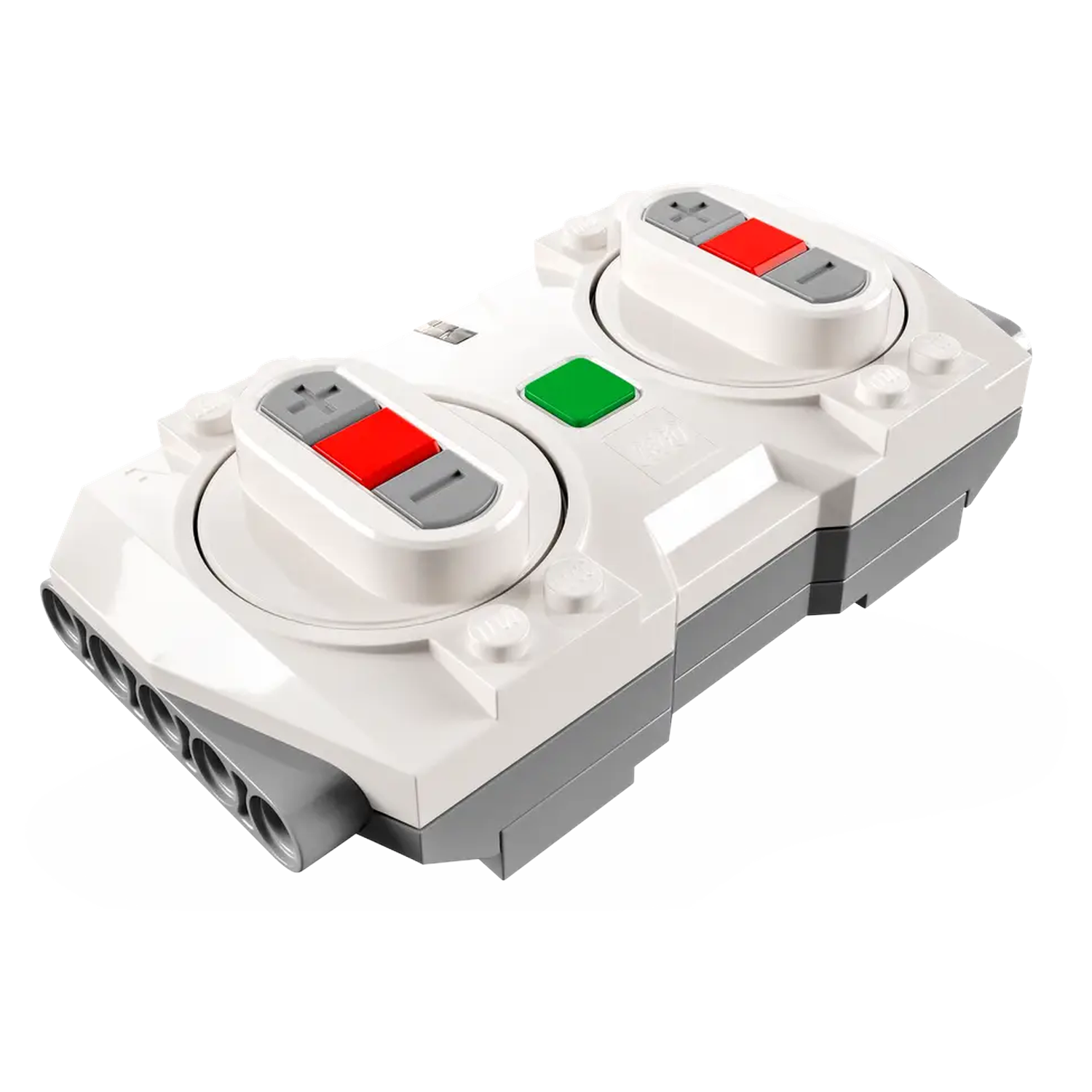 Een witte en grijze LEGO-afstandsbediening met rode en grijze knoppen. Het heeft een groene knop in het midden en verschillende poorten.