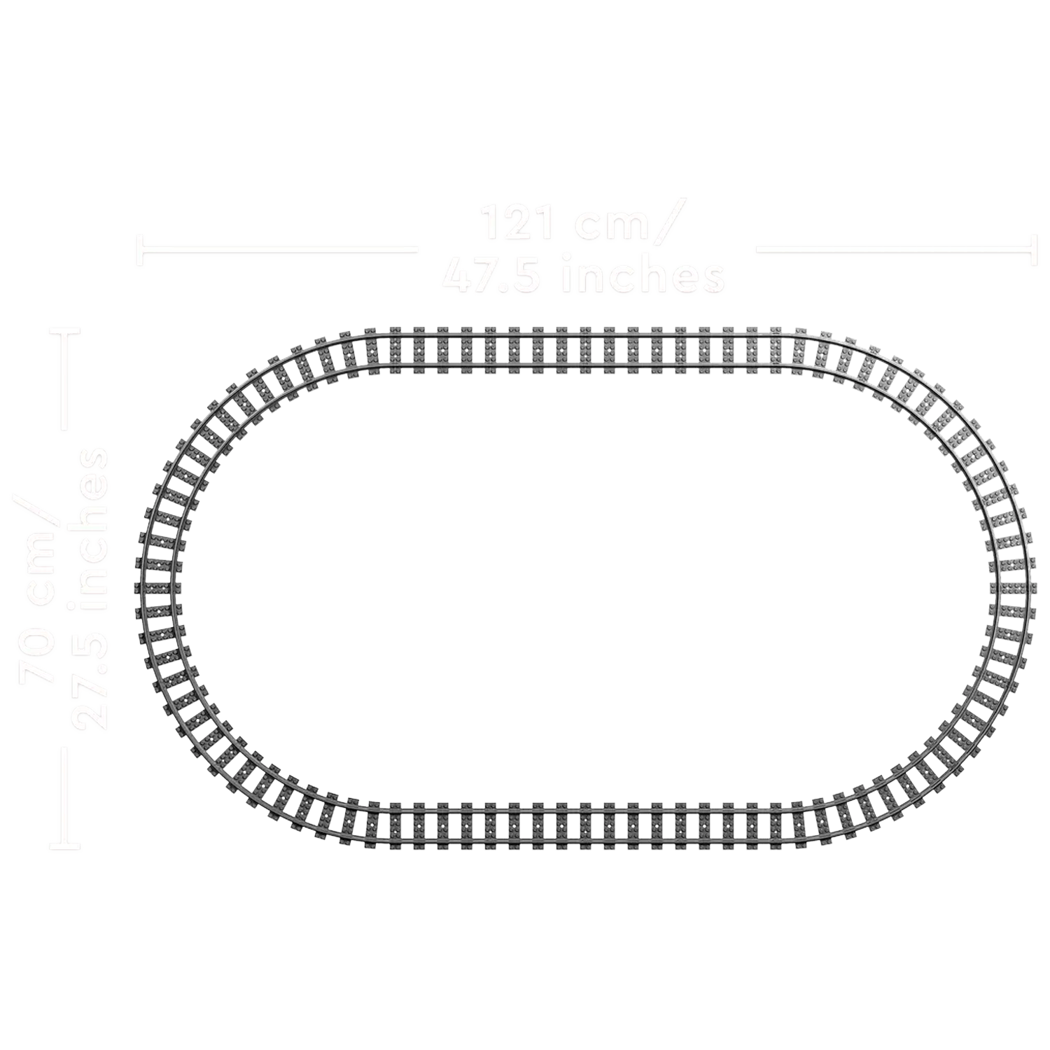 Een bovenaanzicht toont een zwarte ovale treinbaan. Afmetingen zijn 121 cm/47,5 inch lang en 70 cm/27,5 inch breed.