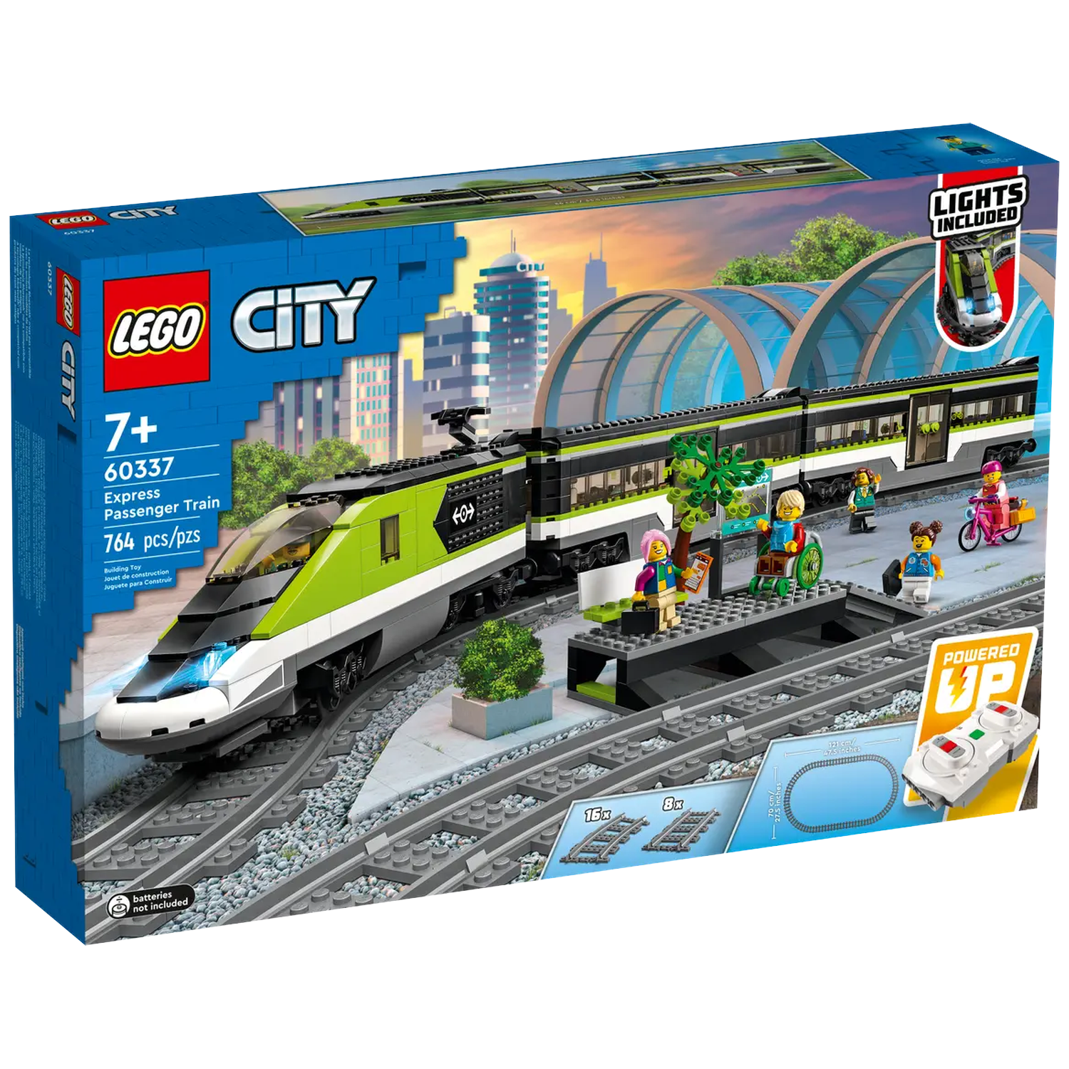 Lego City Express passagierstrein doos. Toont een groene en witte trein op rails met mensen en een station.