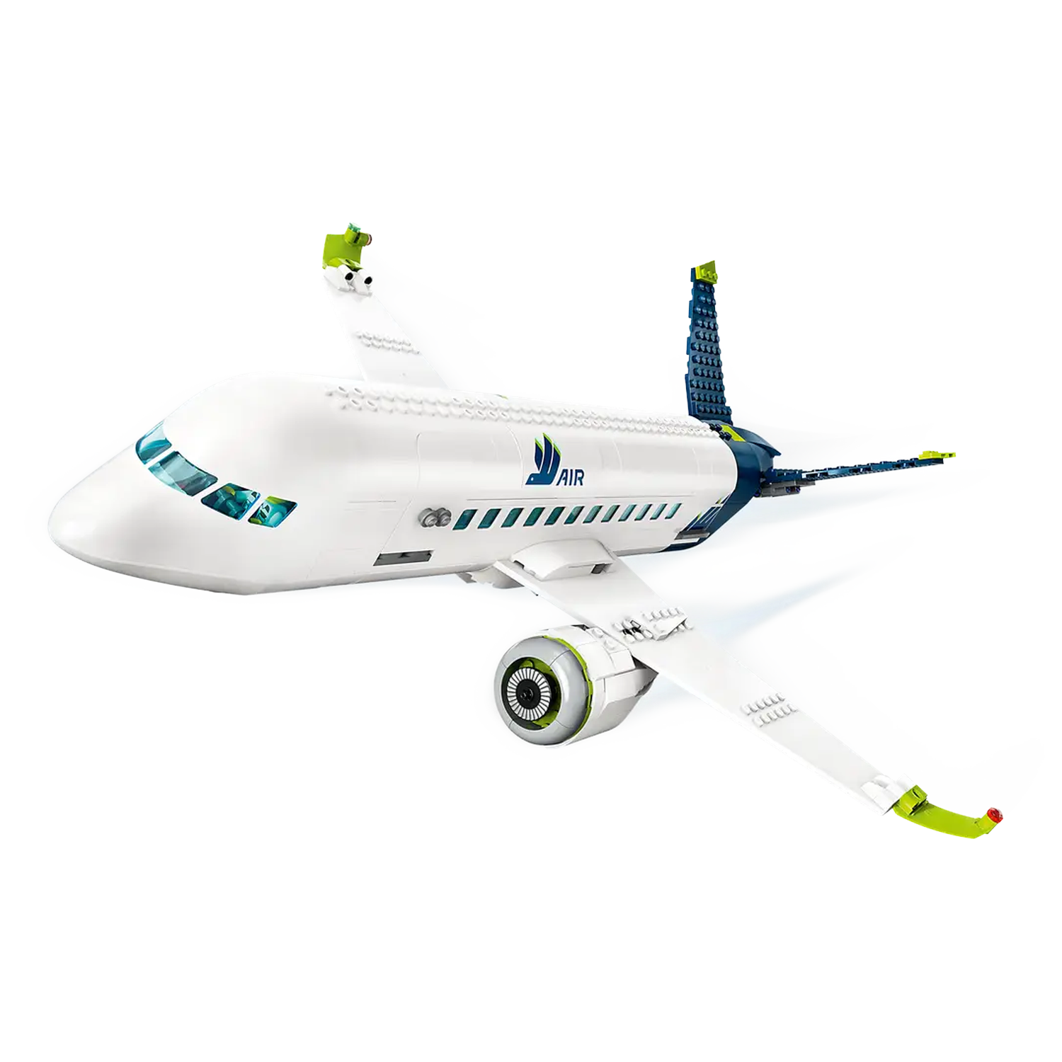 A white toy airplane with green and blue accents. It has wings, engines, and a tail. The word 'AIR' is visible on the side.