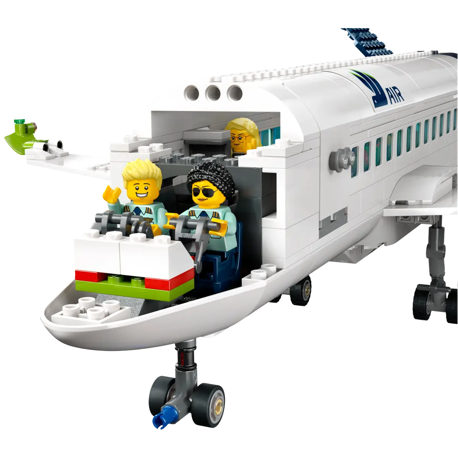 A white Lego airplane with three minifigures inside. Two are in the cockpit, one waving. The plane has black wheels.