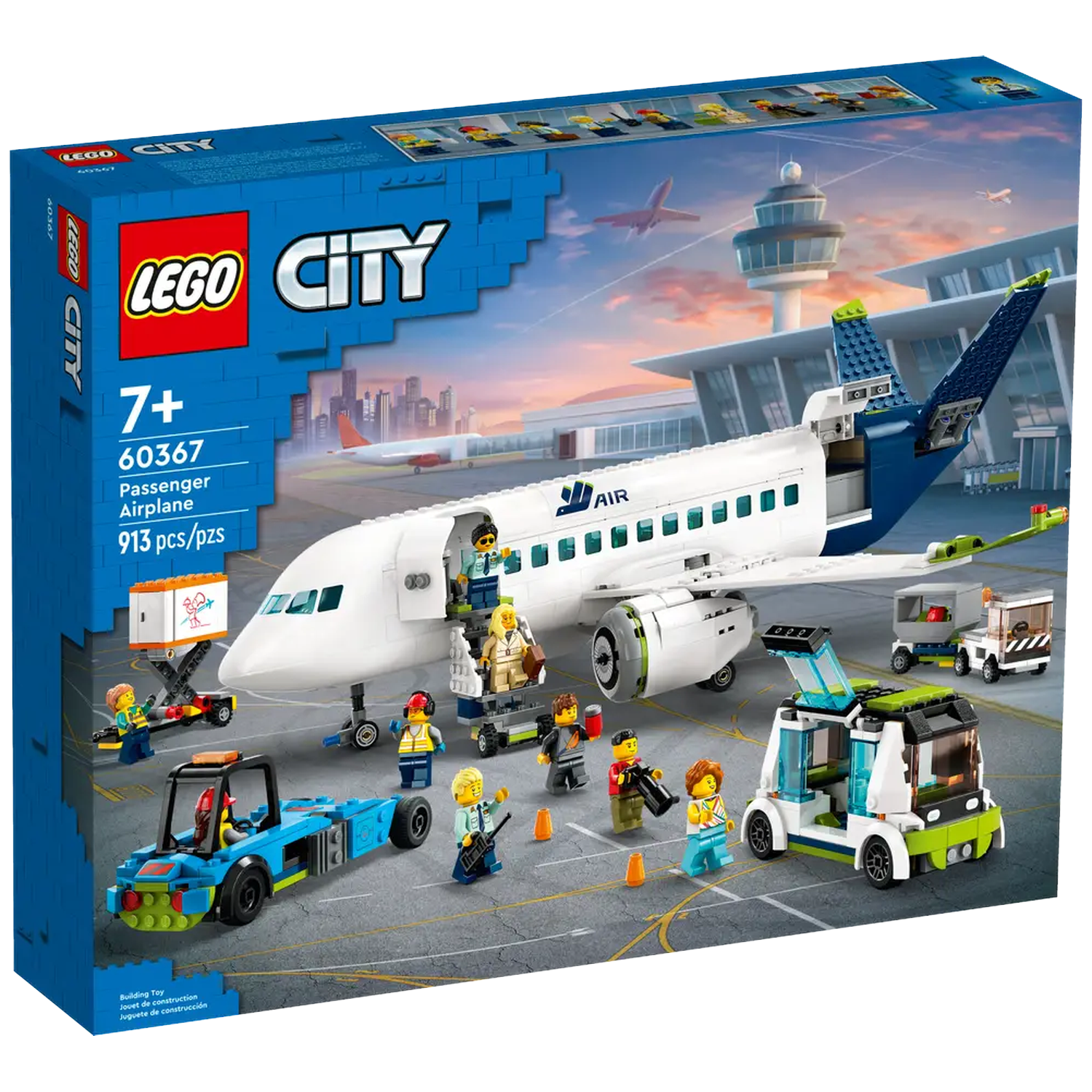 Lego City passenger airplane set. Includes a white airplane, airport vehicles, Lego figures, and a control tower in the background.