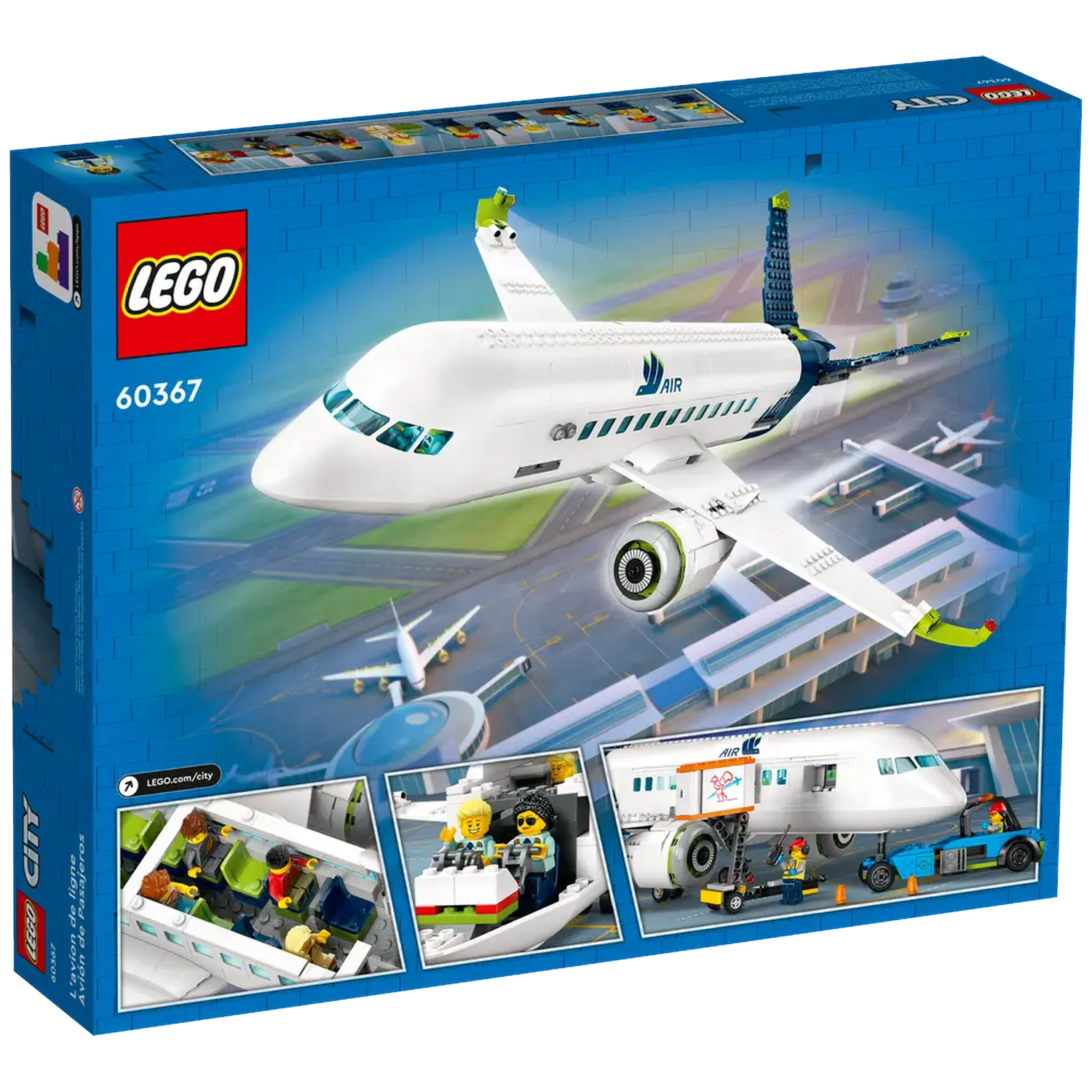 The image shows a Lego City set box. The box depicts a white passenger airplane. There are also smaller images of the plane.