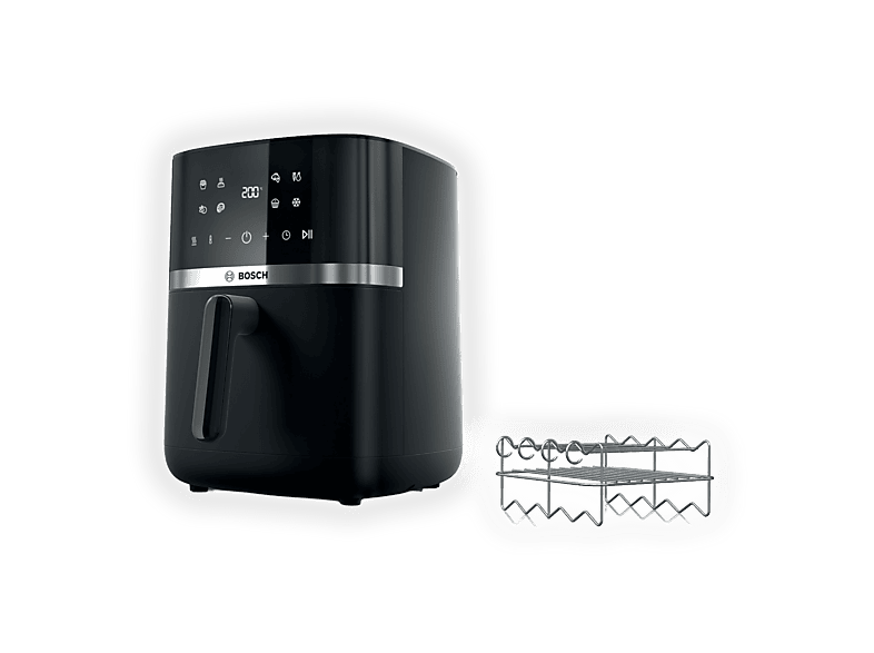 Friggitrice ad aria BOSCH MAF462B0, Air Fryer 6 L, 7 Programmi, Doppia Resistenza, Funzioni Defrost e Mantenimento in Caldo, Touchscreen, Set per grigliare Incluso, Nero