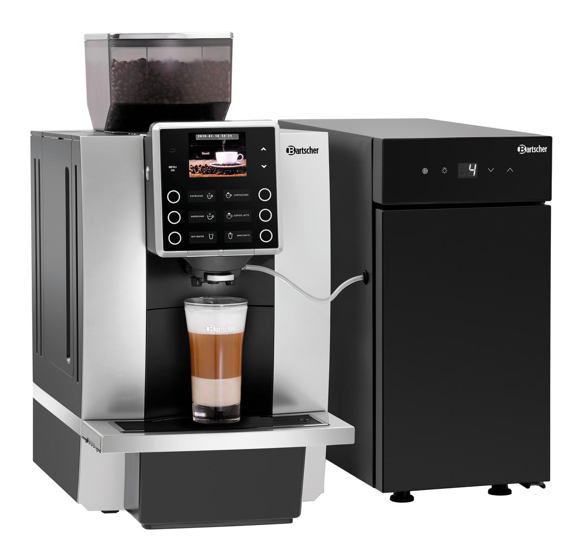 Eine moderne Kaffeemaschine mit einem Glas geschichtetem Kaffee. Ein Bohnenbehälter oben. Ein schwarz-silbernes Design.