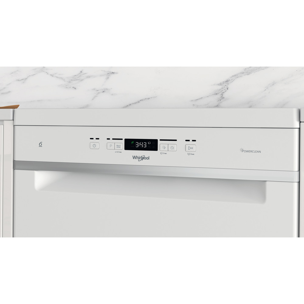 Fehér Whirlpool mosogatógép előlapja. A kijelző 3:43-at mutat. Gombok: bekapcsolás, program és indítás. PowerClean logó jobbra.