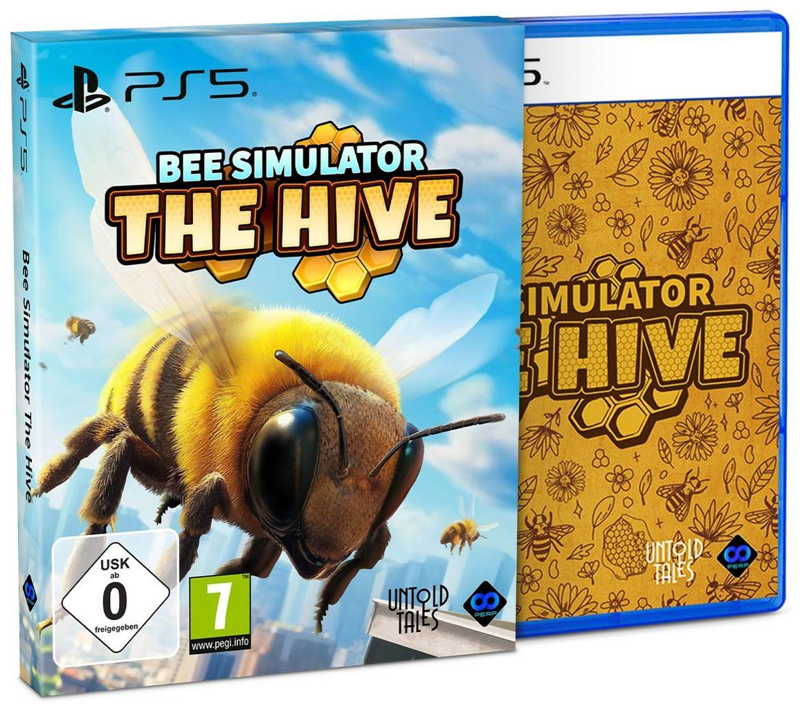 PS5-Spielbox. 'Bee Simulator: The Hive' zeigt eine große Biene, Waben und einen blauen Himmel. Das Spiel ist ab 7 Jahren freigegeben.