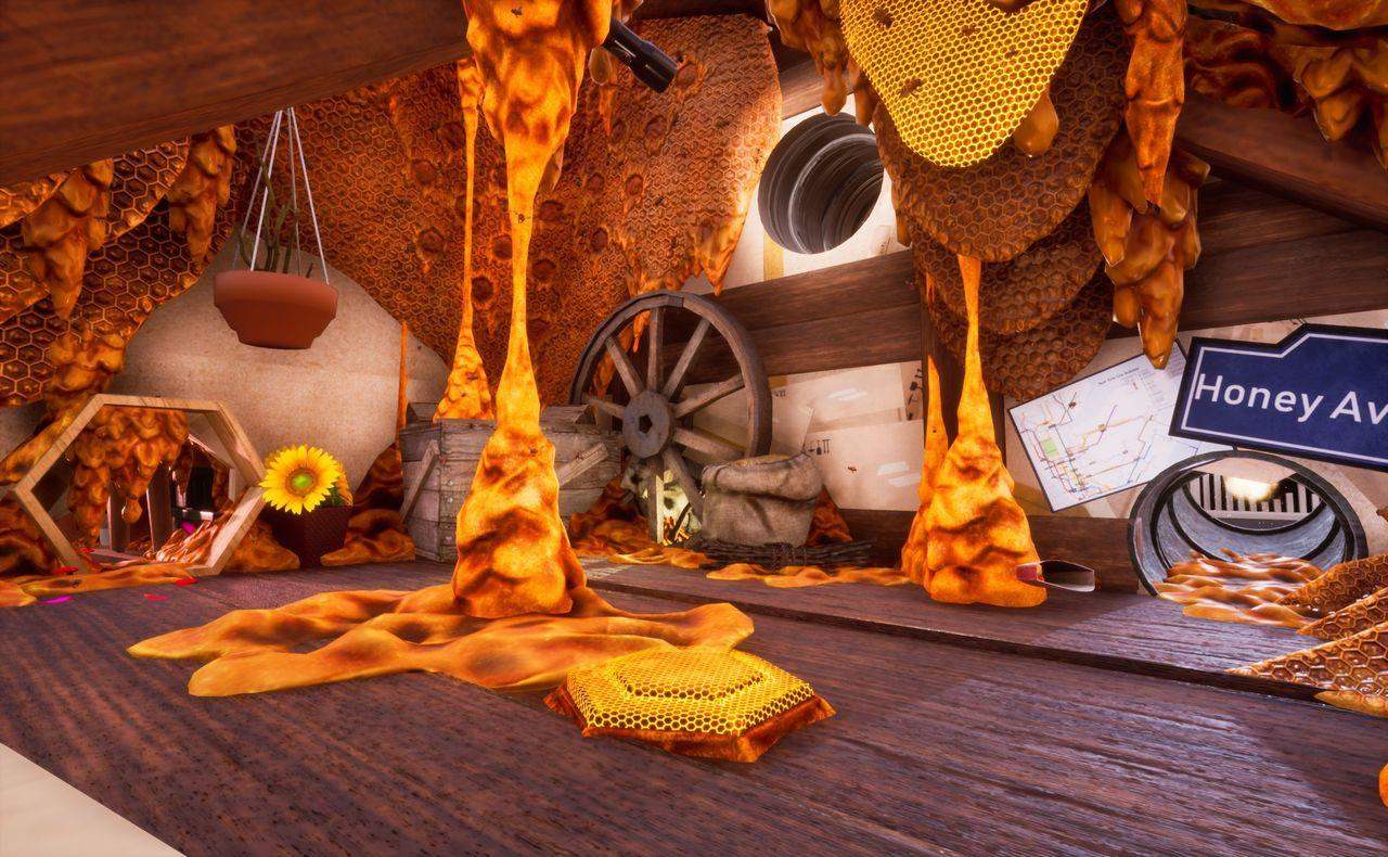 Ein rustikales Interieur mit Waben, tropfendem Honig, einer Sonnenblume, einem Rad und einem "Honey Ave" Schild. Die Szene ist warm und einladend.