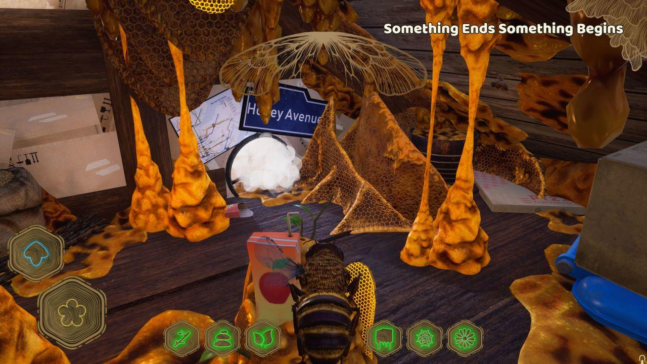 Eine stilisierte Szene mit einer Biene, Waben und einem Schild mit der Aufschrift Honey Avenue. Der Text 'Something Ends Something Begins' ist sichtbar.