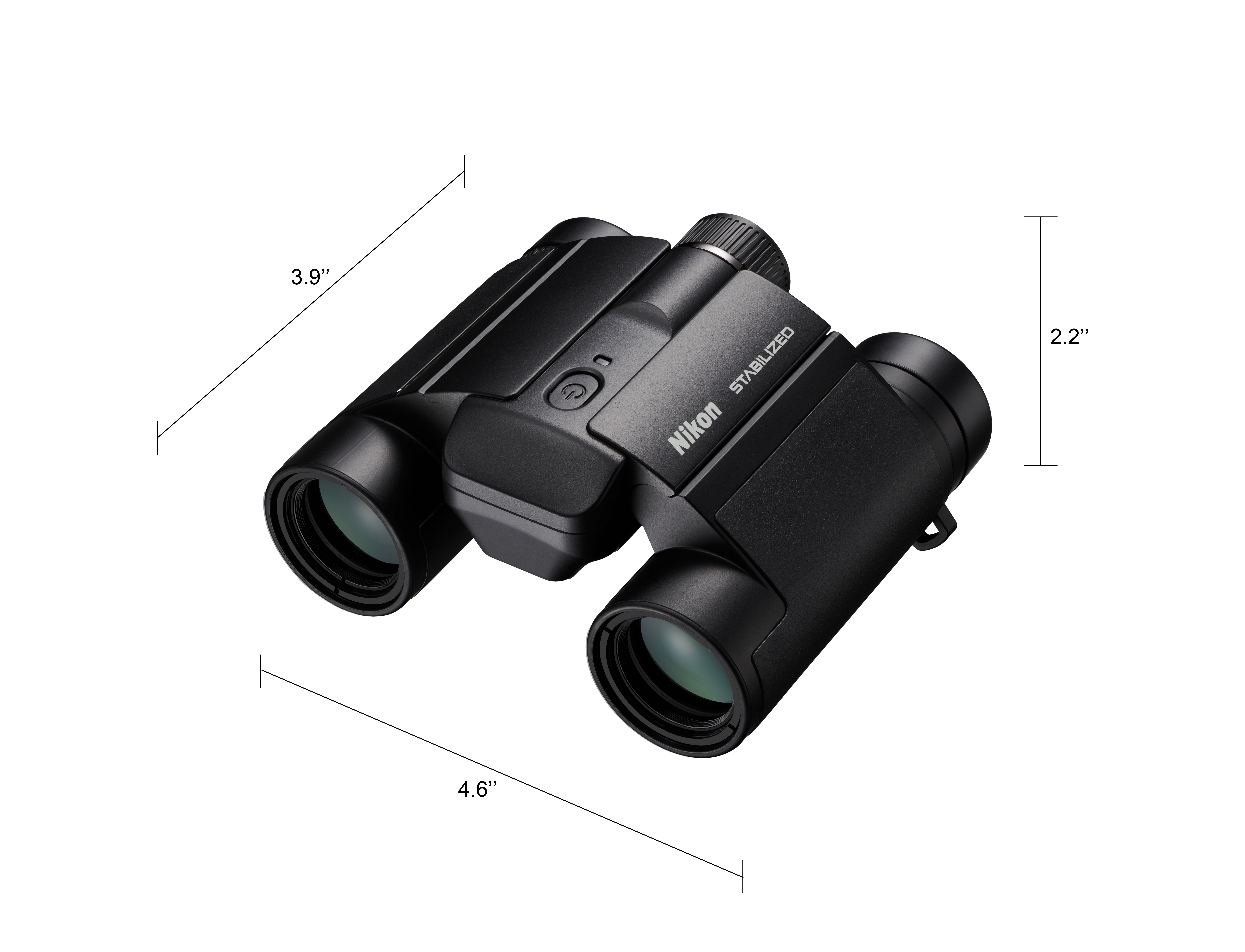 Schwarzes Nikon-Fernglas mit Größenangaben. Auf dem Etikett steht Stabilized. Der Hintergrund ist weiß.