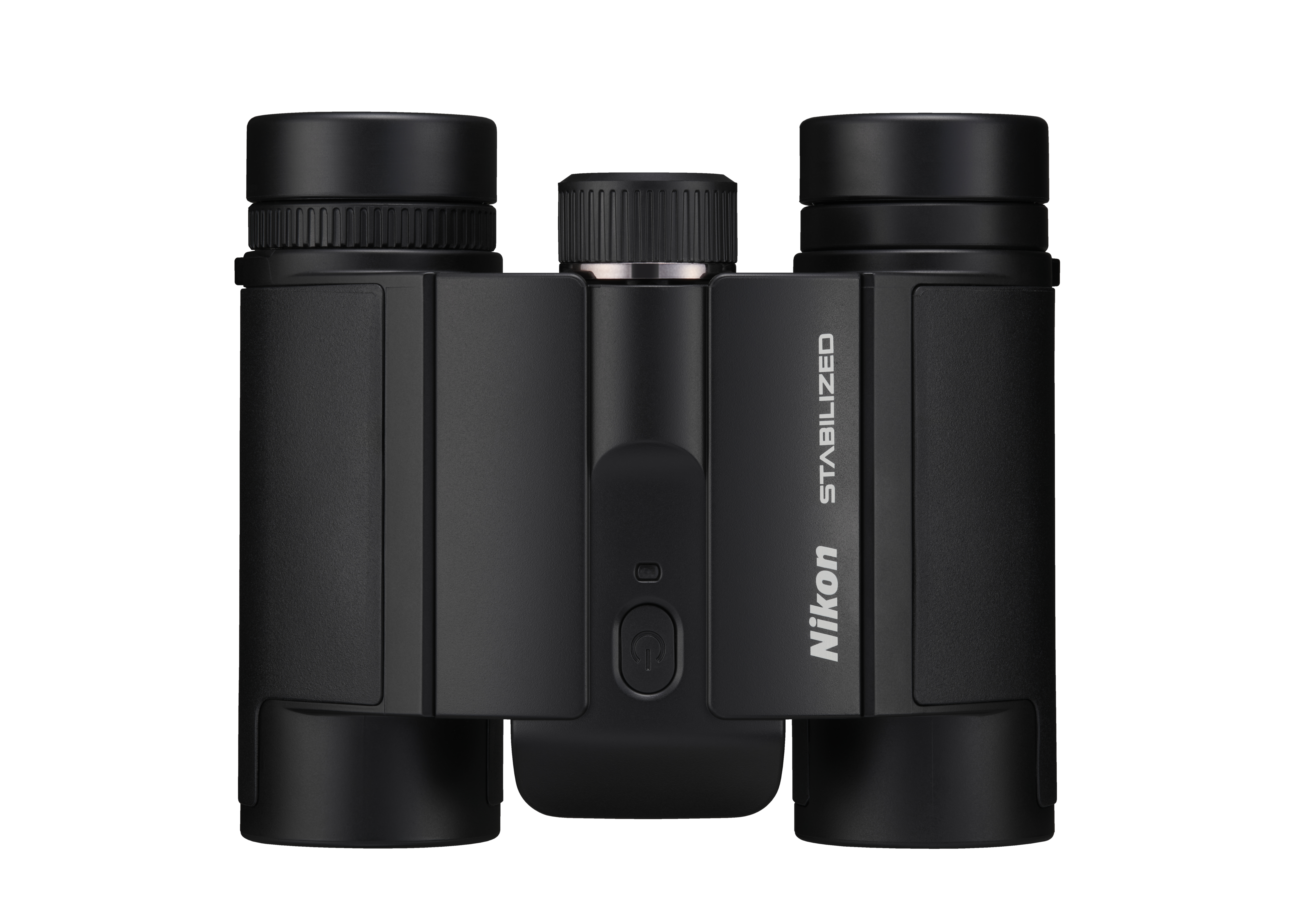 Schwarzes Nikon-Fernglas mit zentralem Fokusrad. Das Wort 'STABILIZED' ist sichtbar. Der Hintergrund ist weiß.