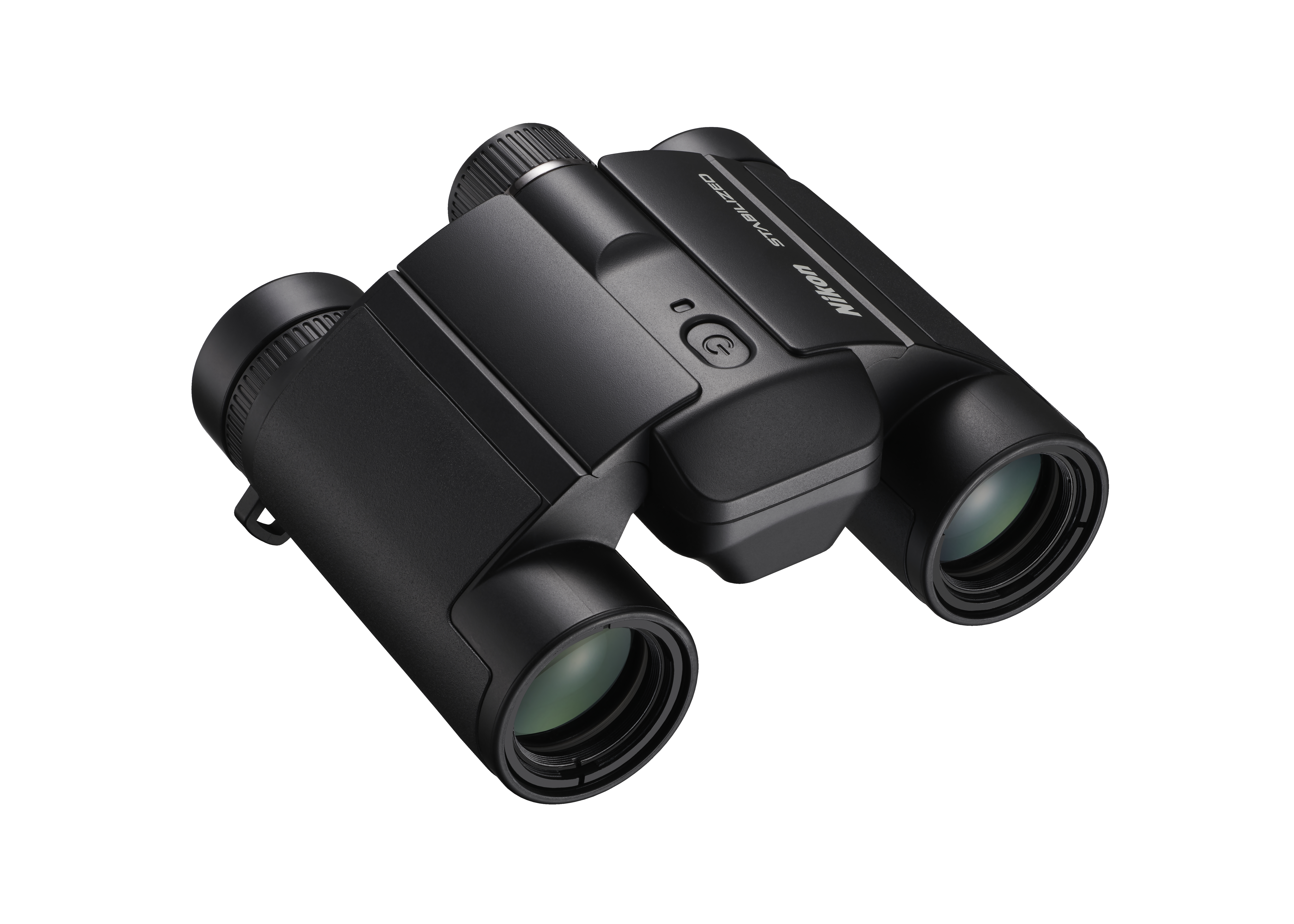 Schwarzes Nikon Stabilized Fernglas. Mit Ein-/Ausschalter und Linsen mit Grünstich. Hintergrund ist weiß.