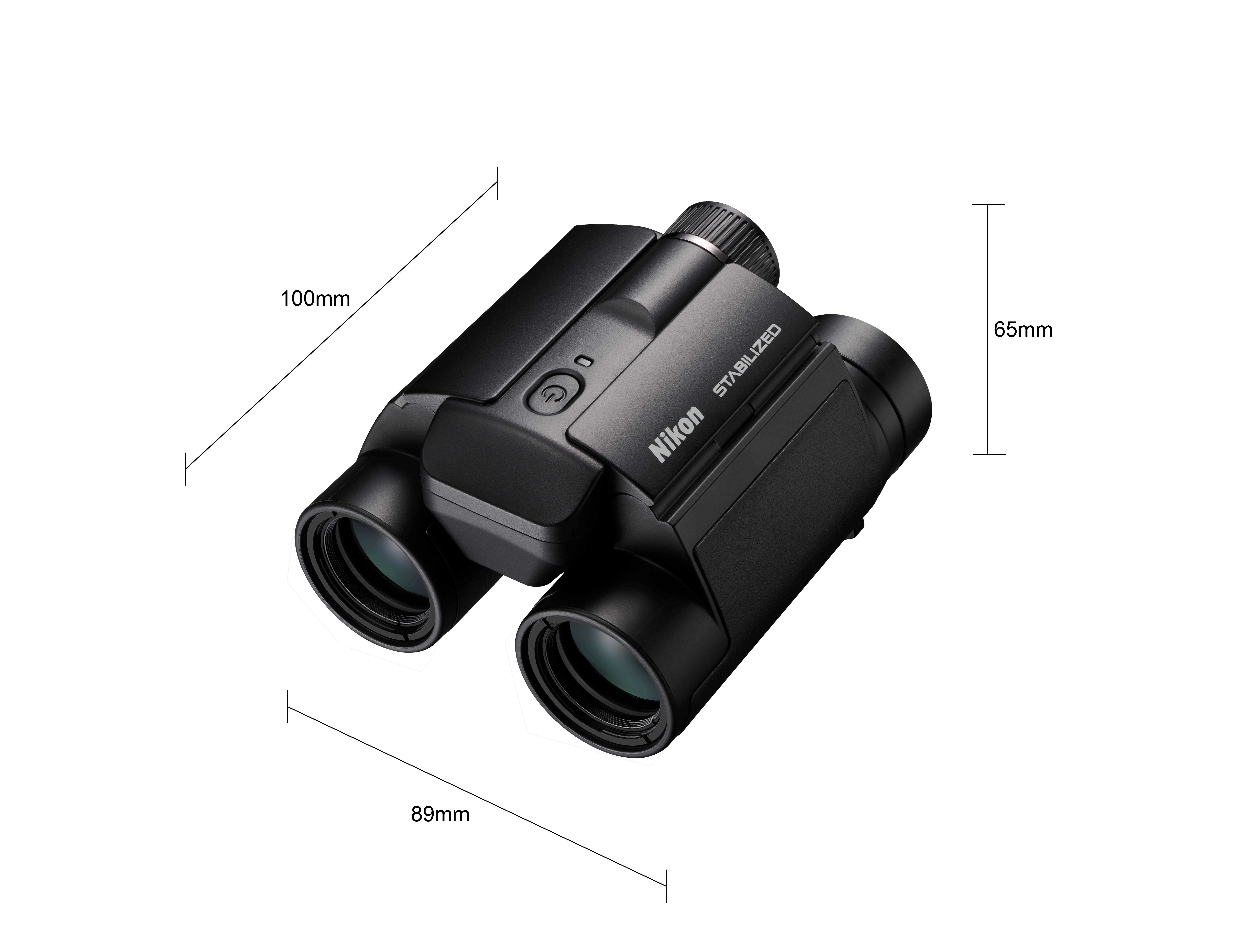 Schwarzes Nikon-Fernglas, beschriftet mit 'Stabilized'. Abmessungen: 100 mm x 89 mm x 65 mm. Weißer Hintergrund.